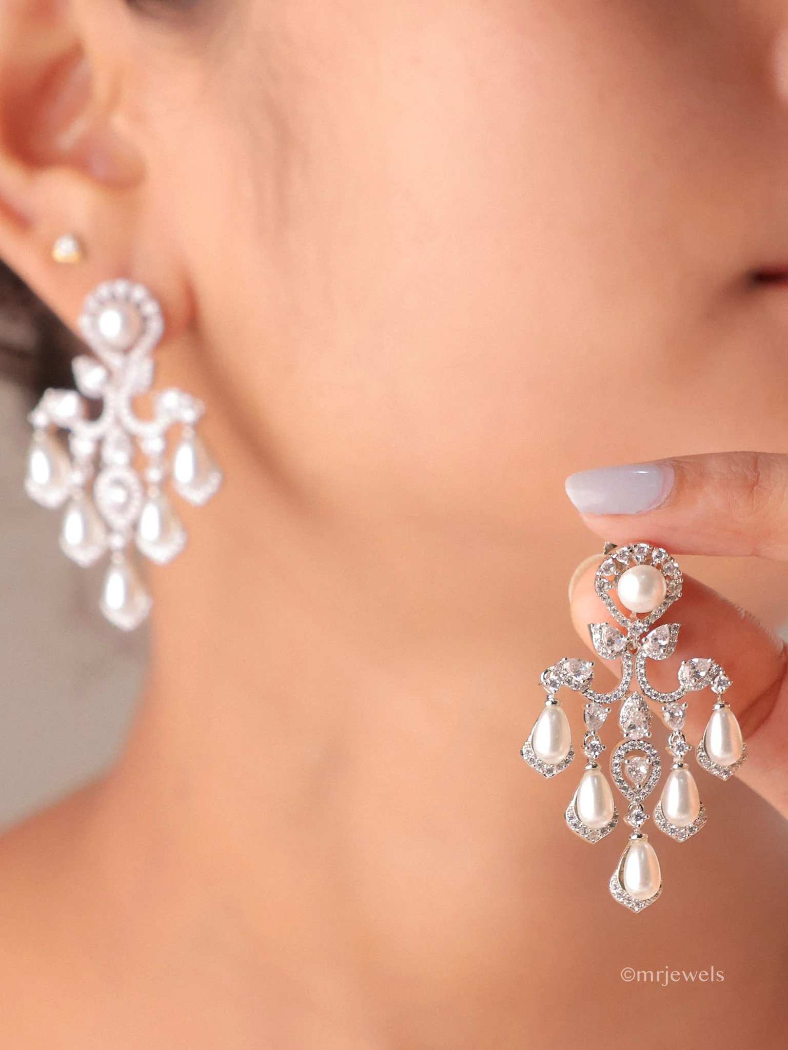 Elara Pearl Diamond Chandelier Earrings - Image 3