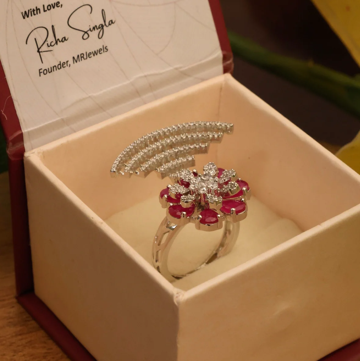 Elegant Silver-Tone Floral Statement Ring - Image 2