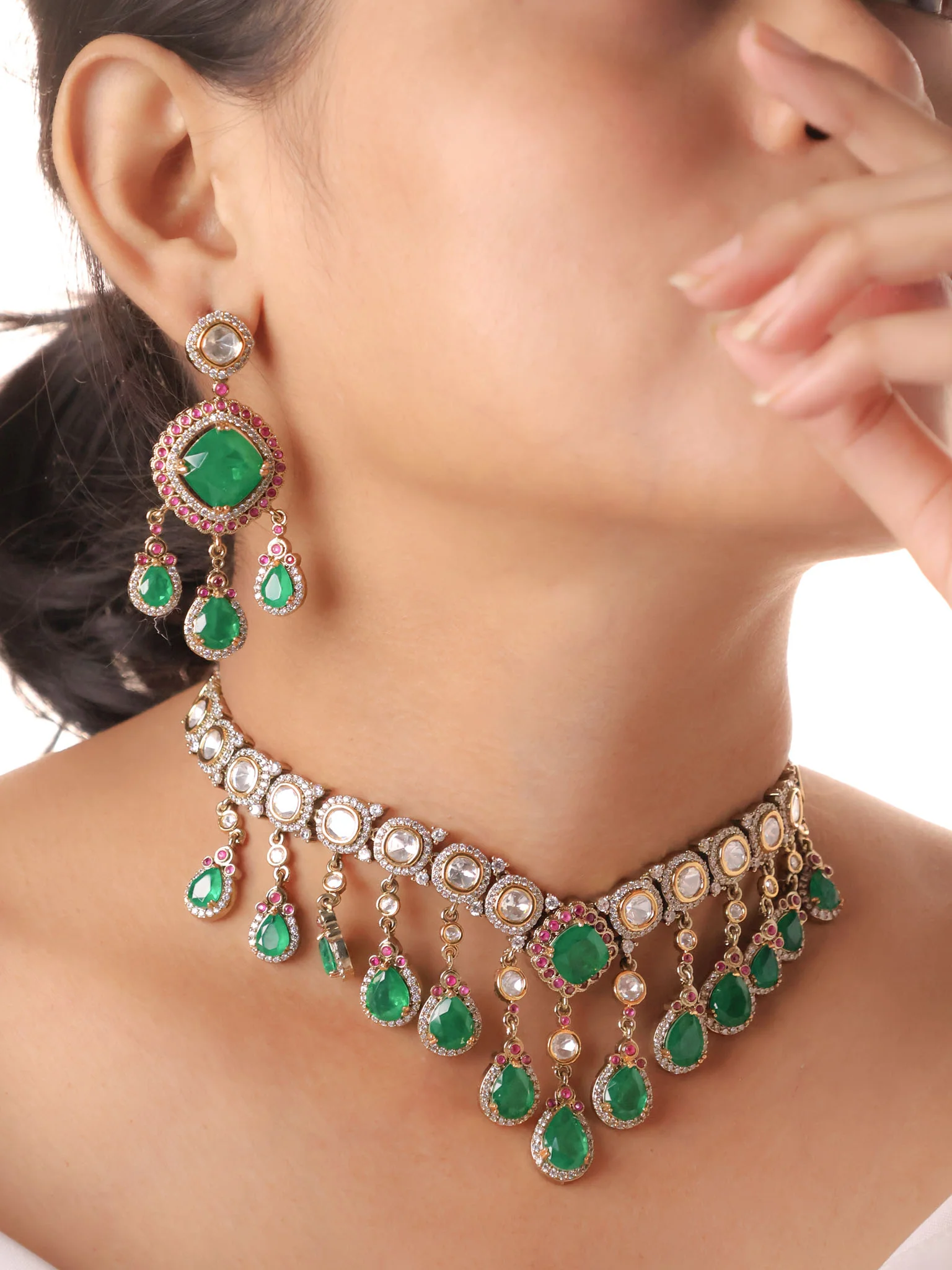 Emerald Dewdrop Polki Fringe Choker Set
