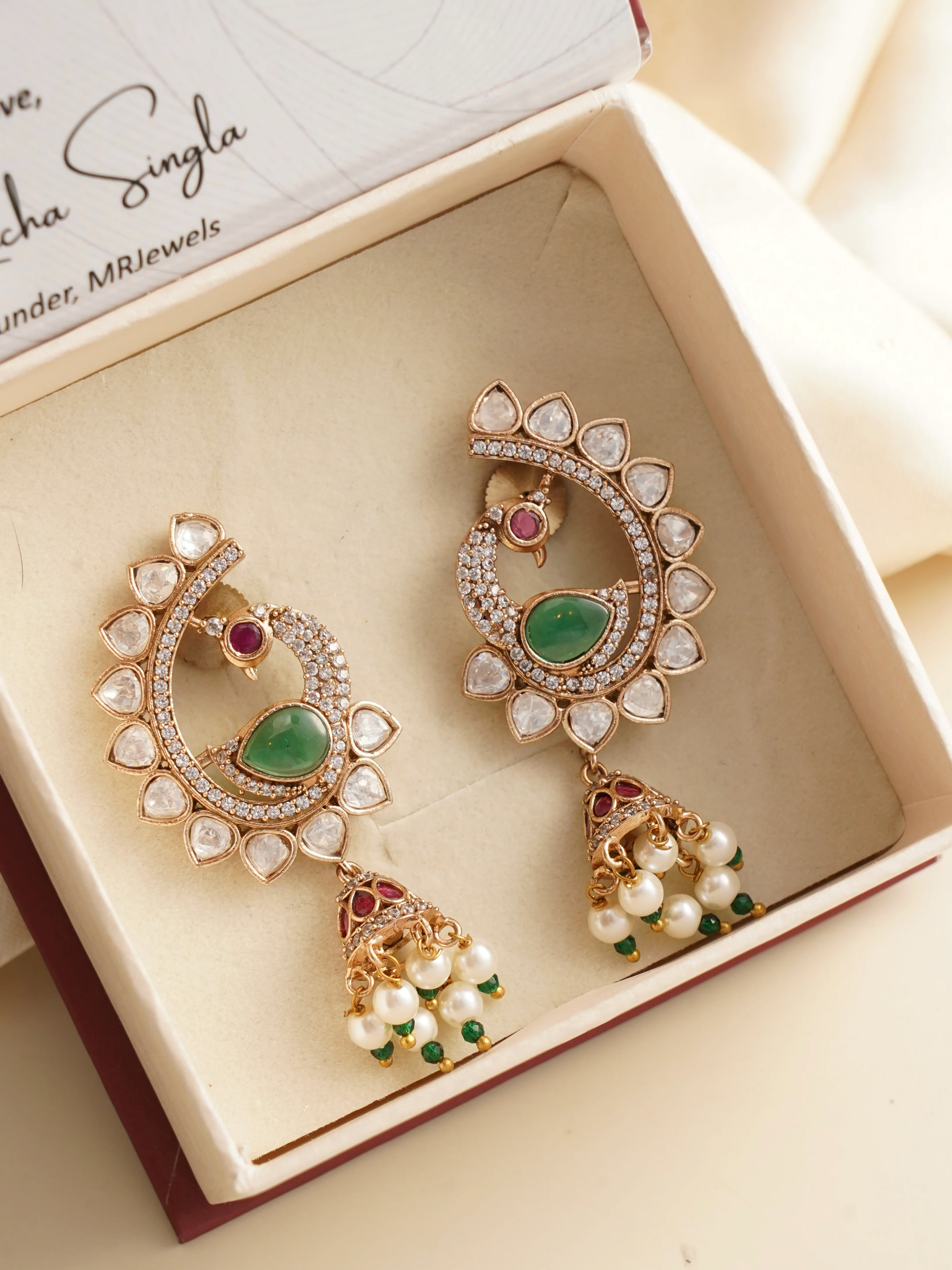 Emerald Elegance Peacock Earrings - Image 2