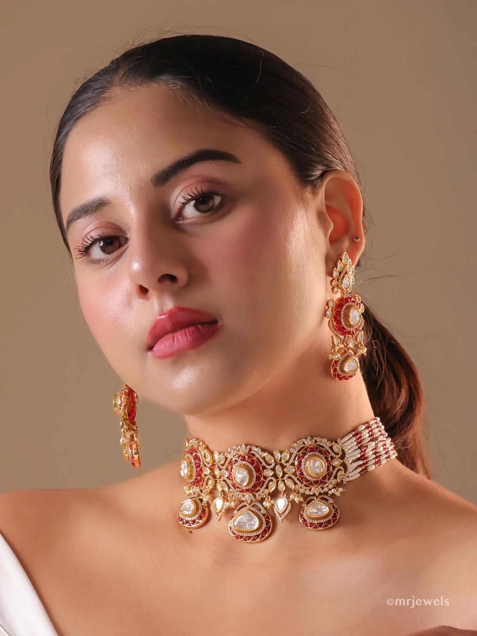 Emerald and Ruby Polki Choker Set (with Earrings) - Image 2