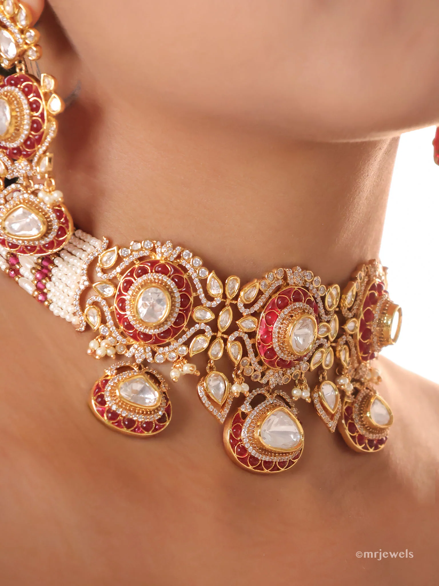 Emerald and Ruby Polki Choker Set (with Earrings) - Image 3
