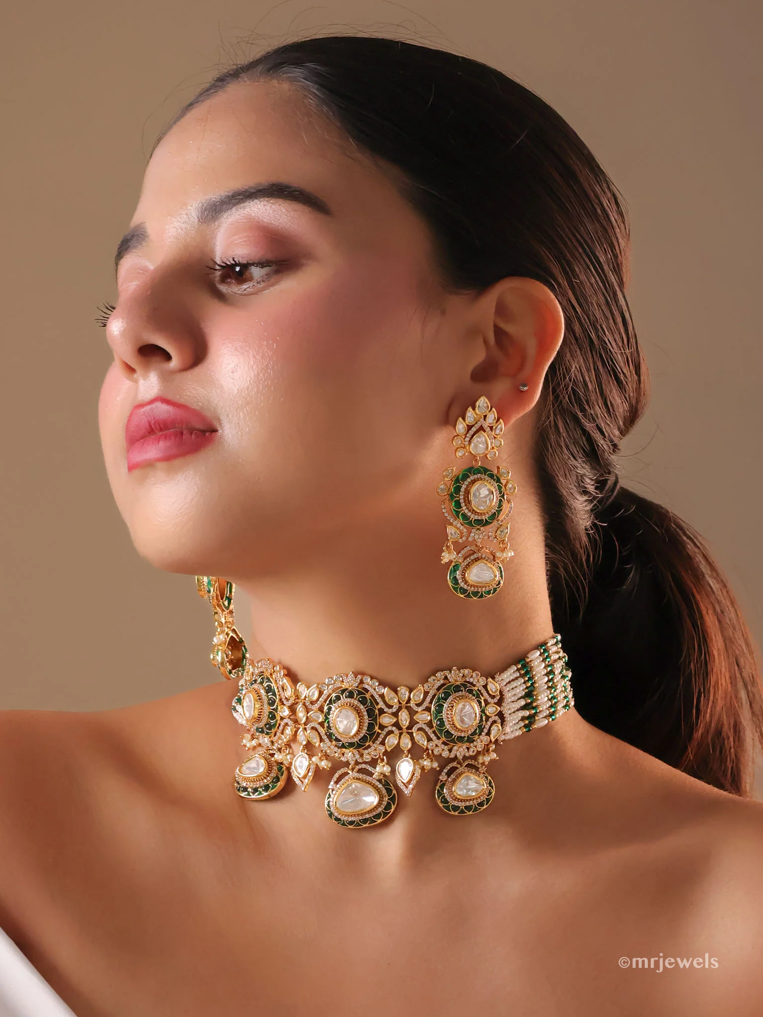 Emerald and Ruby Polki Choker Set (with Earrings) - Image 4