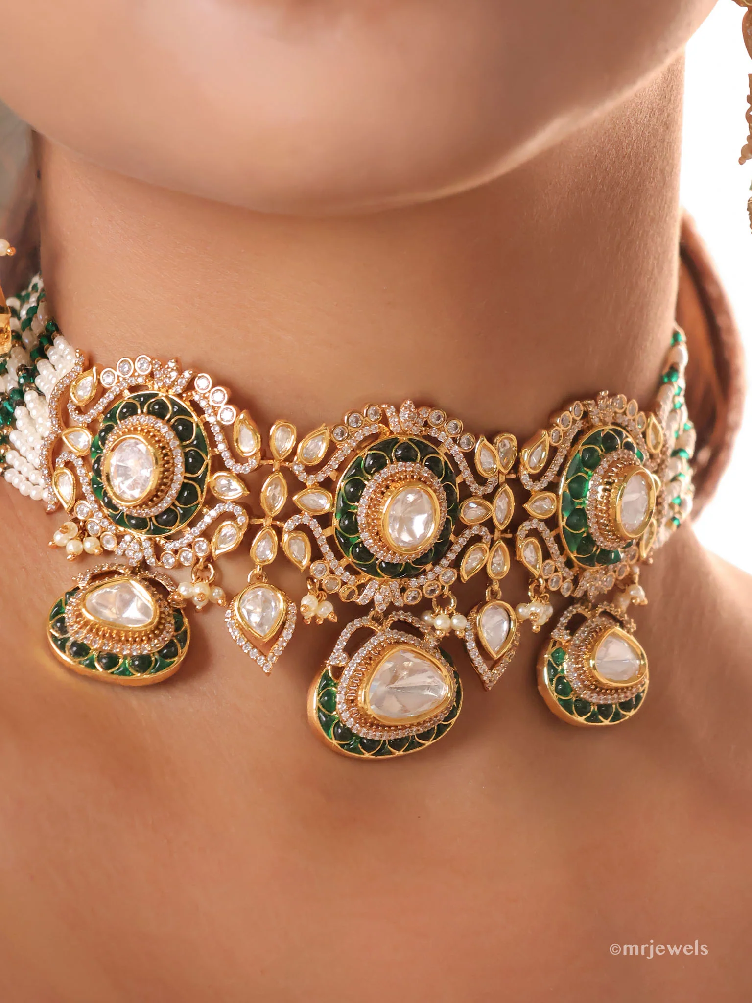 Emerald and Ruby Polki Choker Set (with Earrings) - Image 7