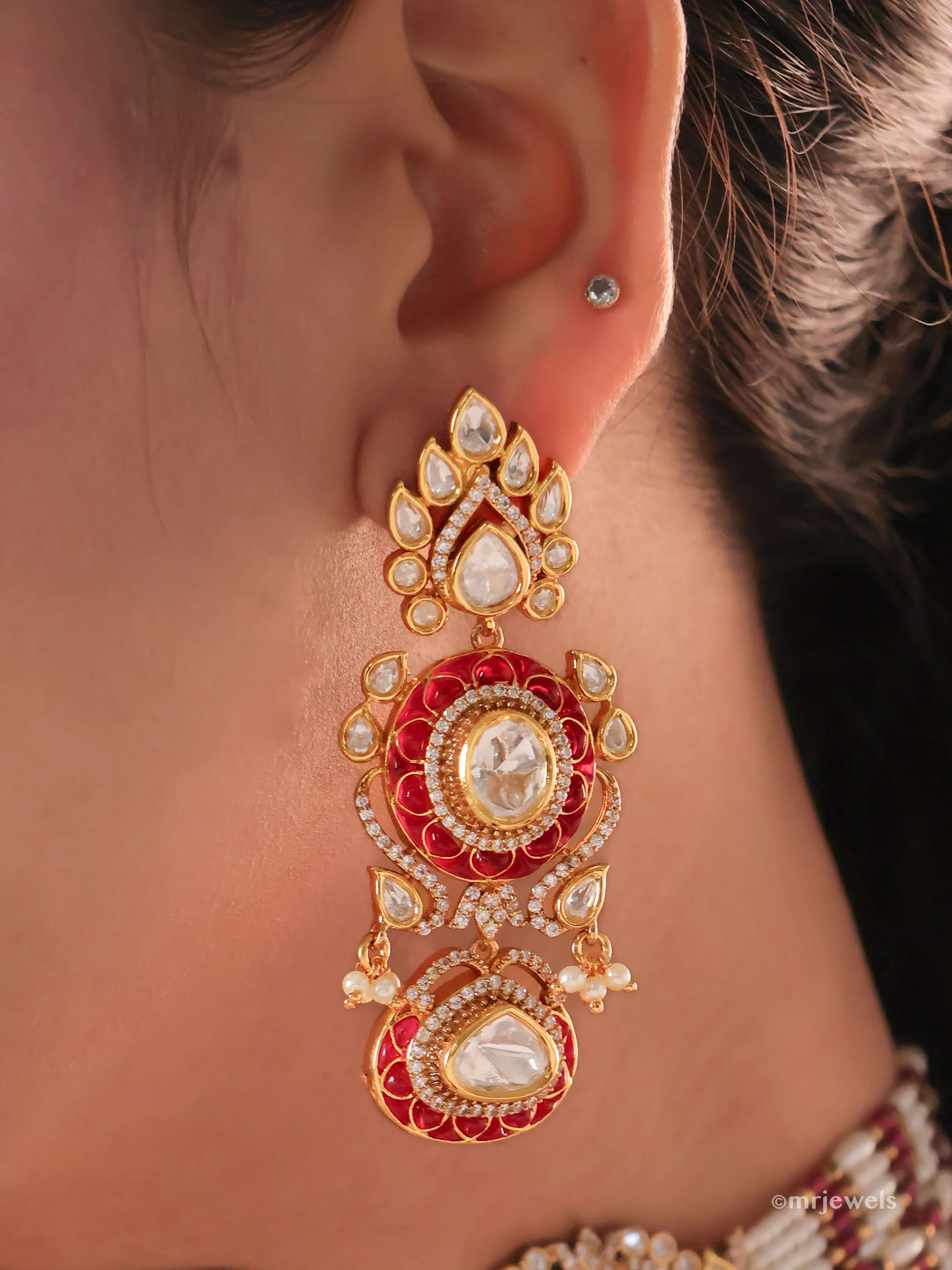 Emerald and Ruby Polki Choker Set (with Earrings) - Image 8