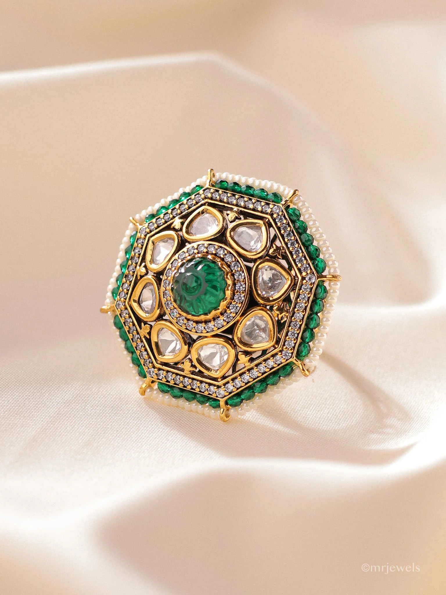 Emerald Noor Kundan Cocktail Ring - Image 2
