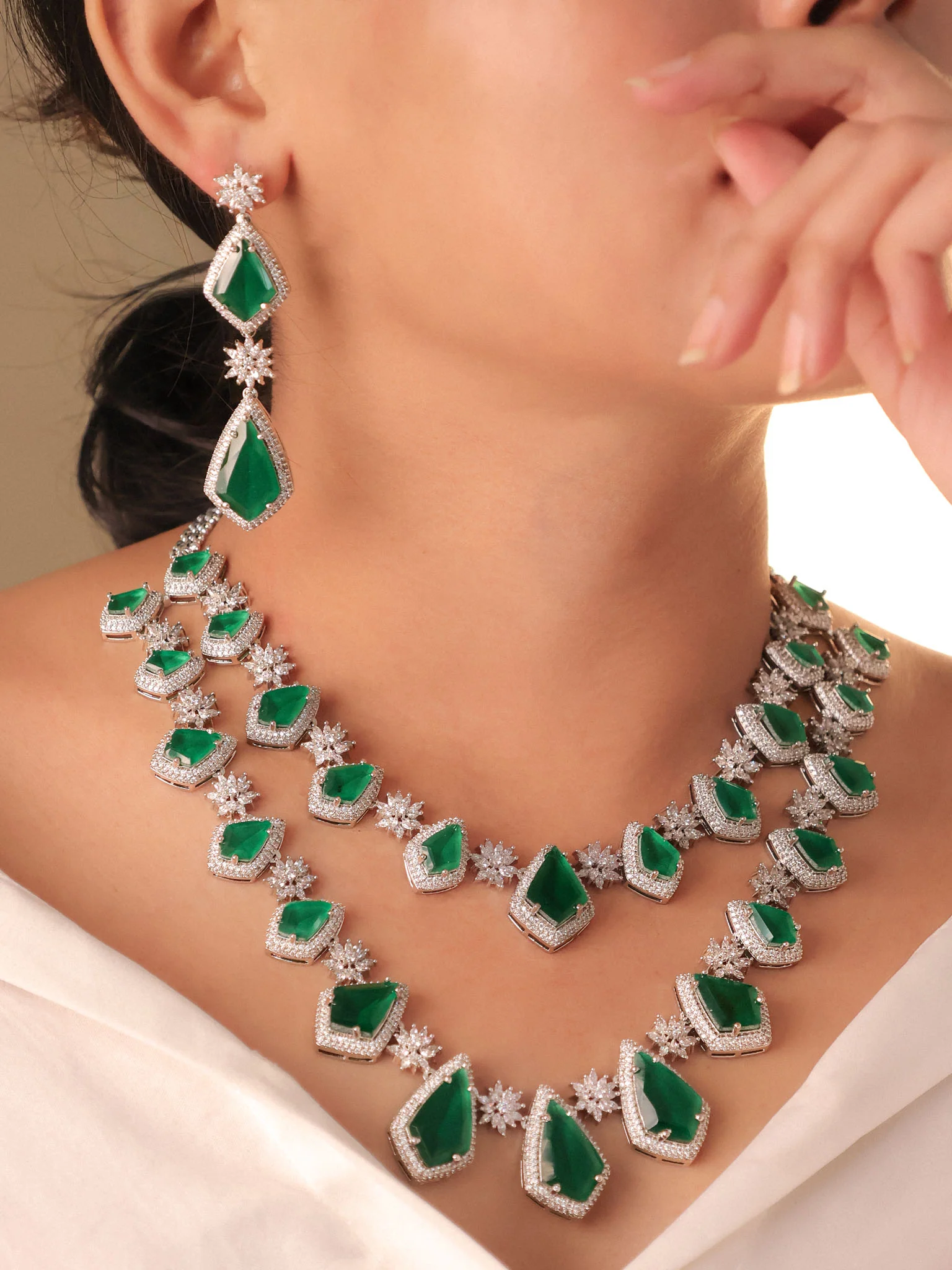 Emerald Double Layered Necklace Set