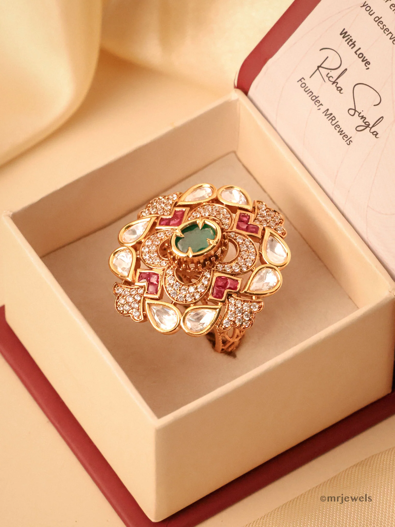 Emerald Polki Statement Ring Adjustable Size