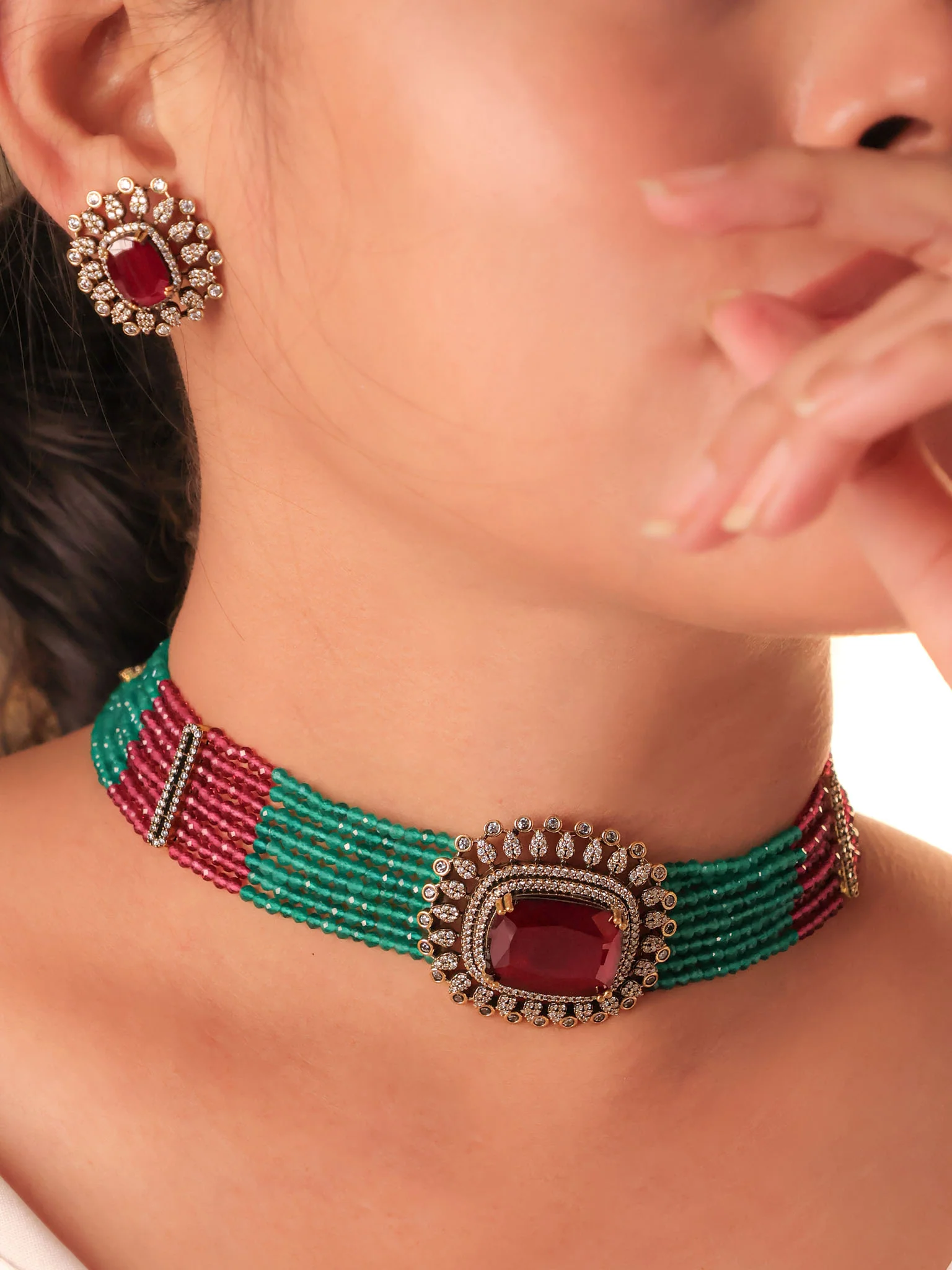 Emerald Ruby Beaded Choker Set