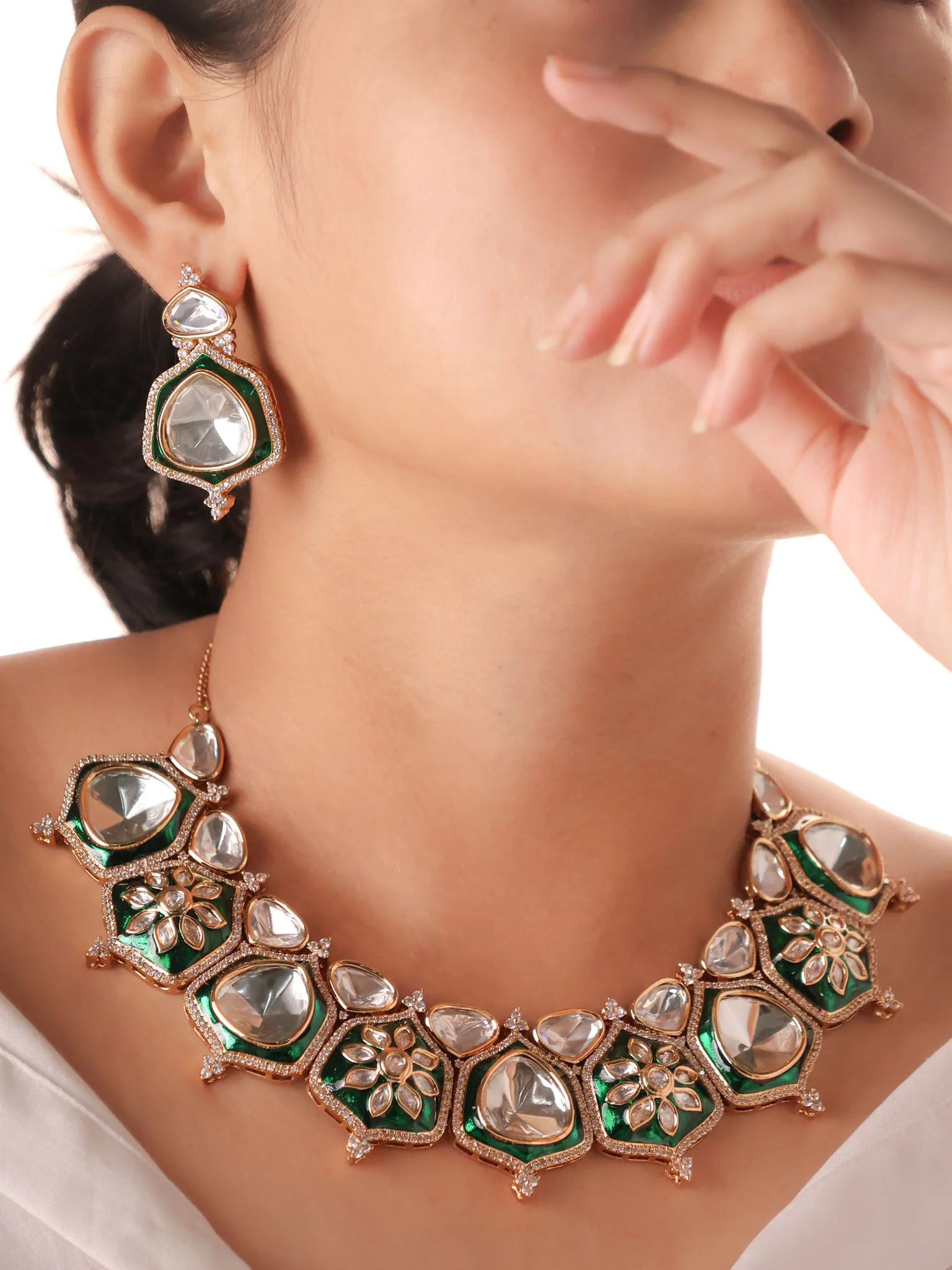 Emerald Sheeshkaar Polki Collar Set