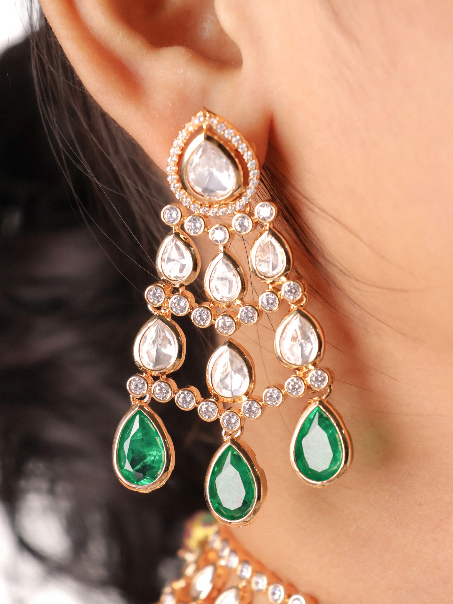 Emerald Shehzadi Polki-Drop Bridal Choker Set - Image 3