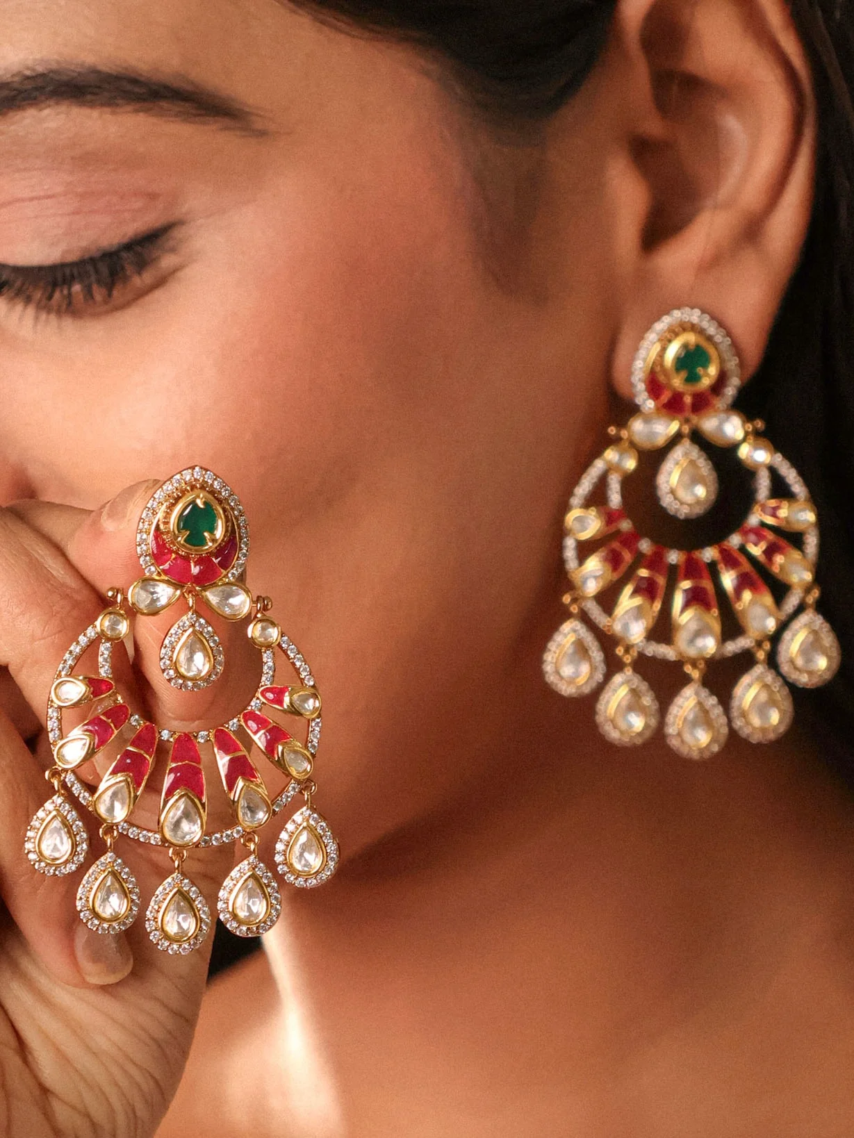 Exquisite Polki Enamel Chandbali Earrings - Image 3