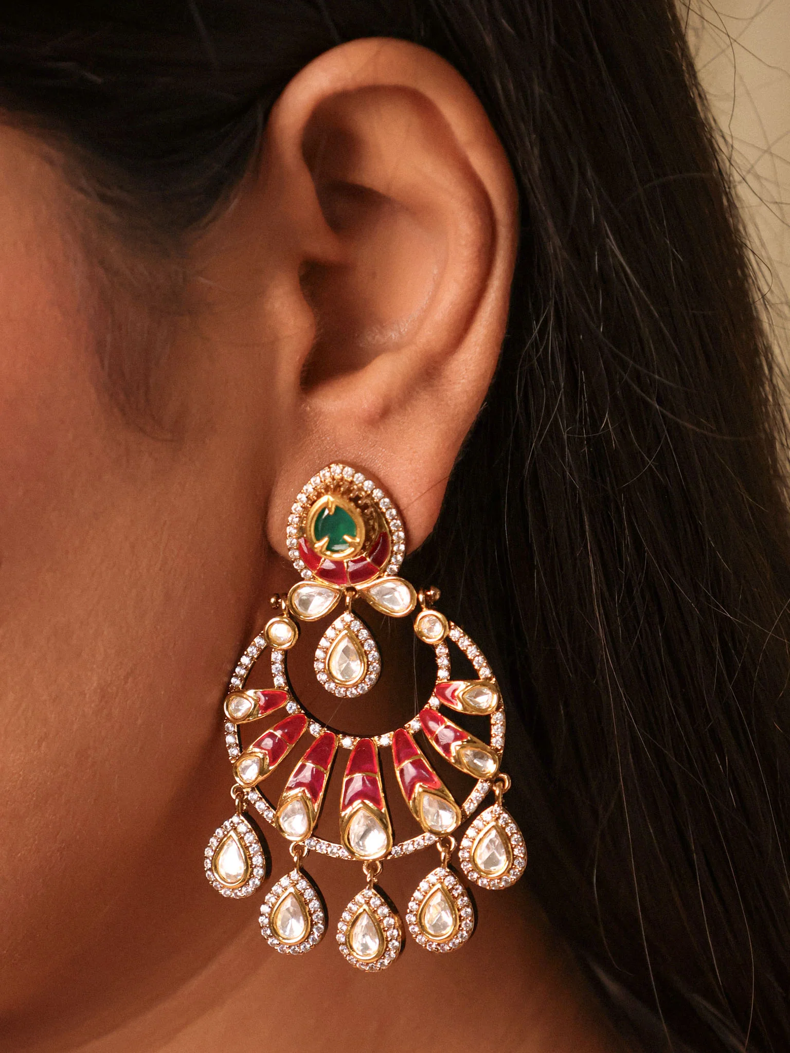 Exquisite Polki Enamel Chandbali Earrings - Image 4