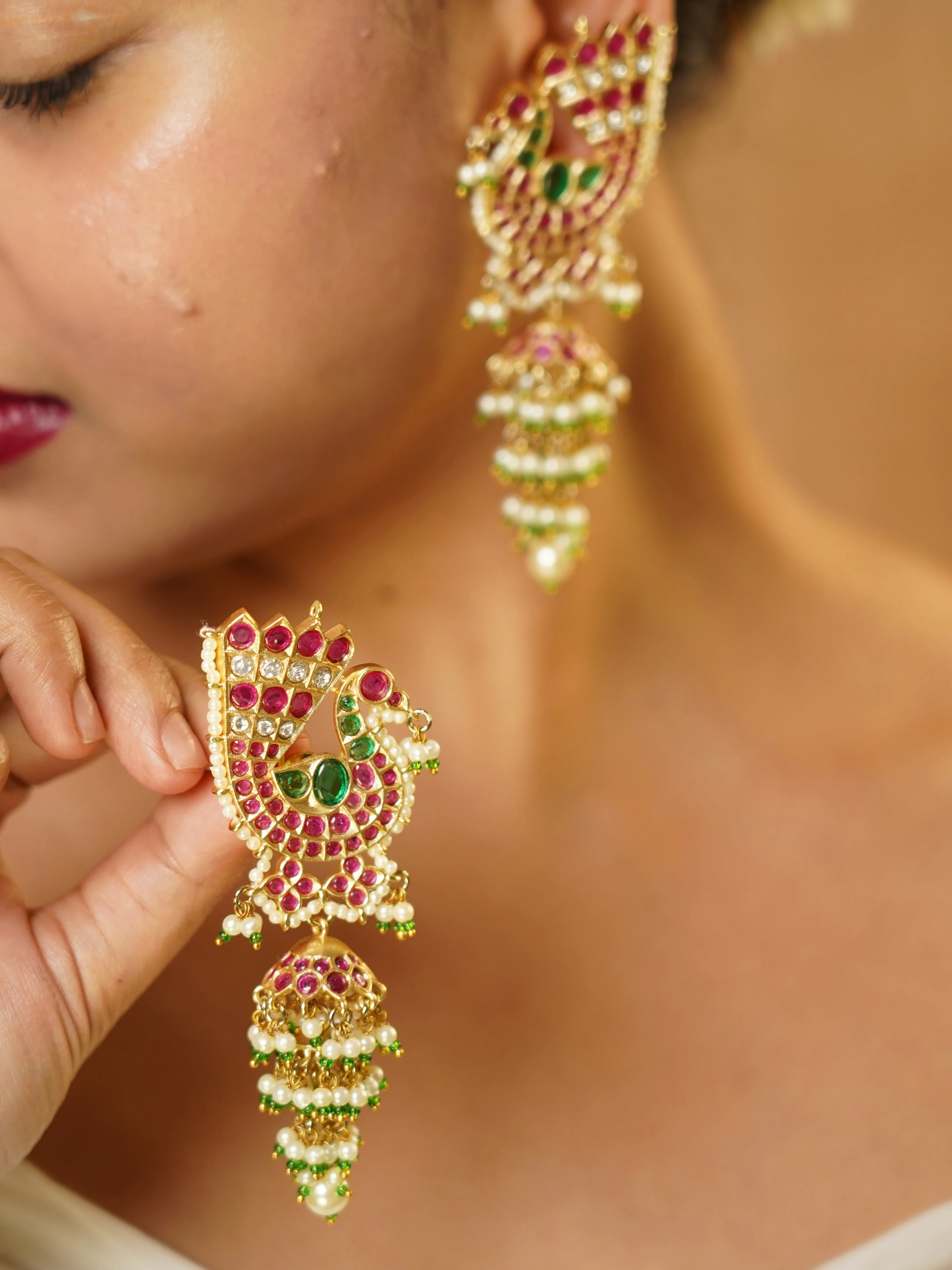 Gold Finish Kundan Polki & Pearl Dangler Earrings