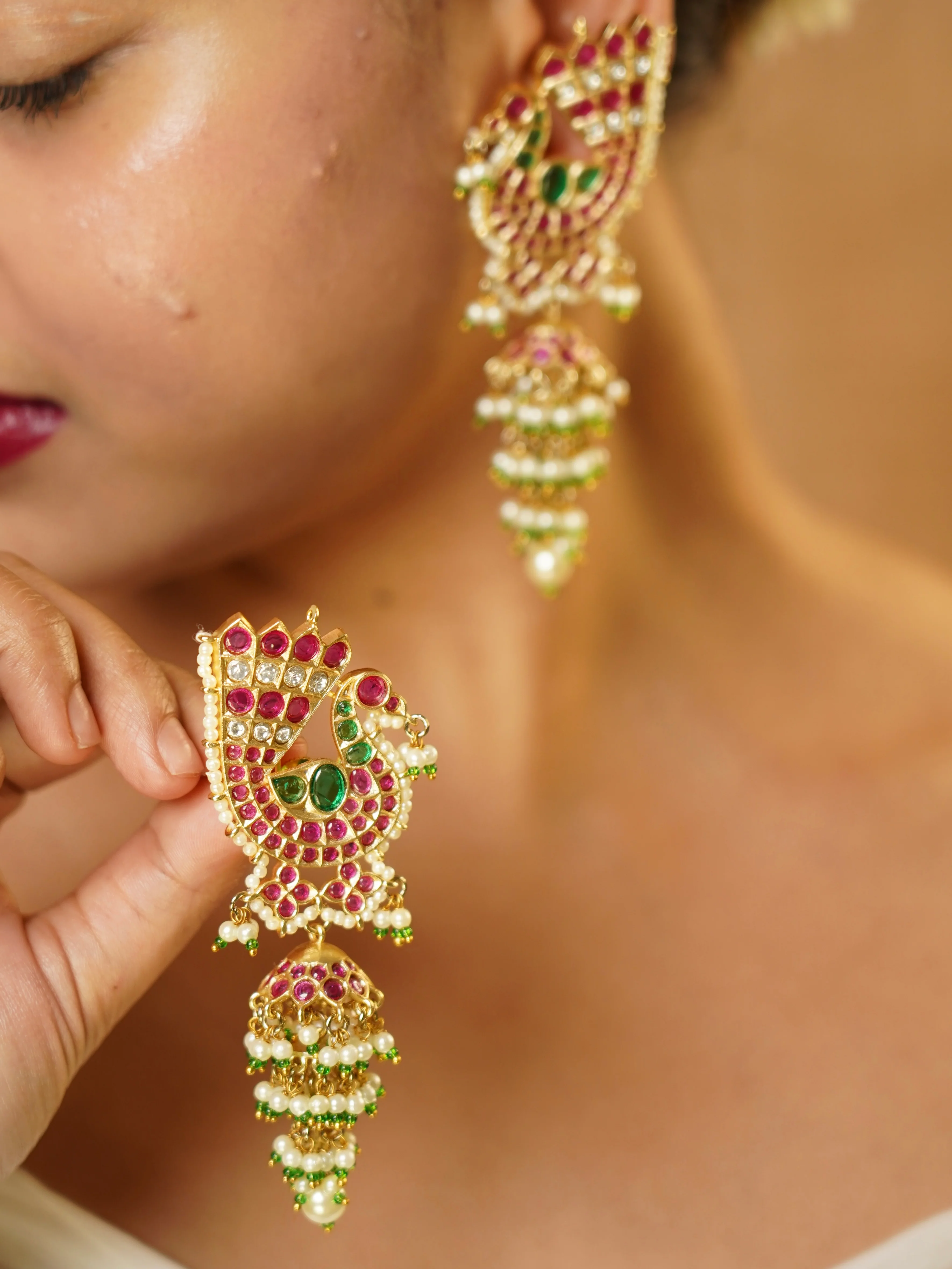 Gold Finish Kundan Polki & Pearl Dangler Earrings - Image 2