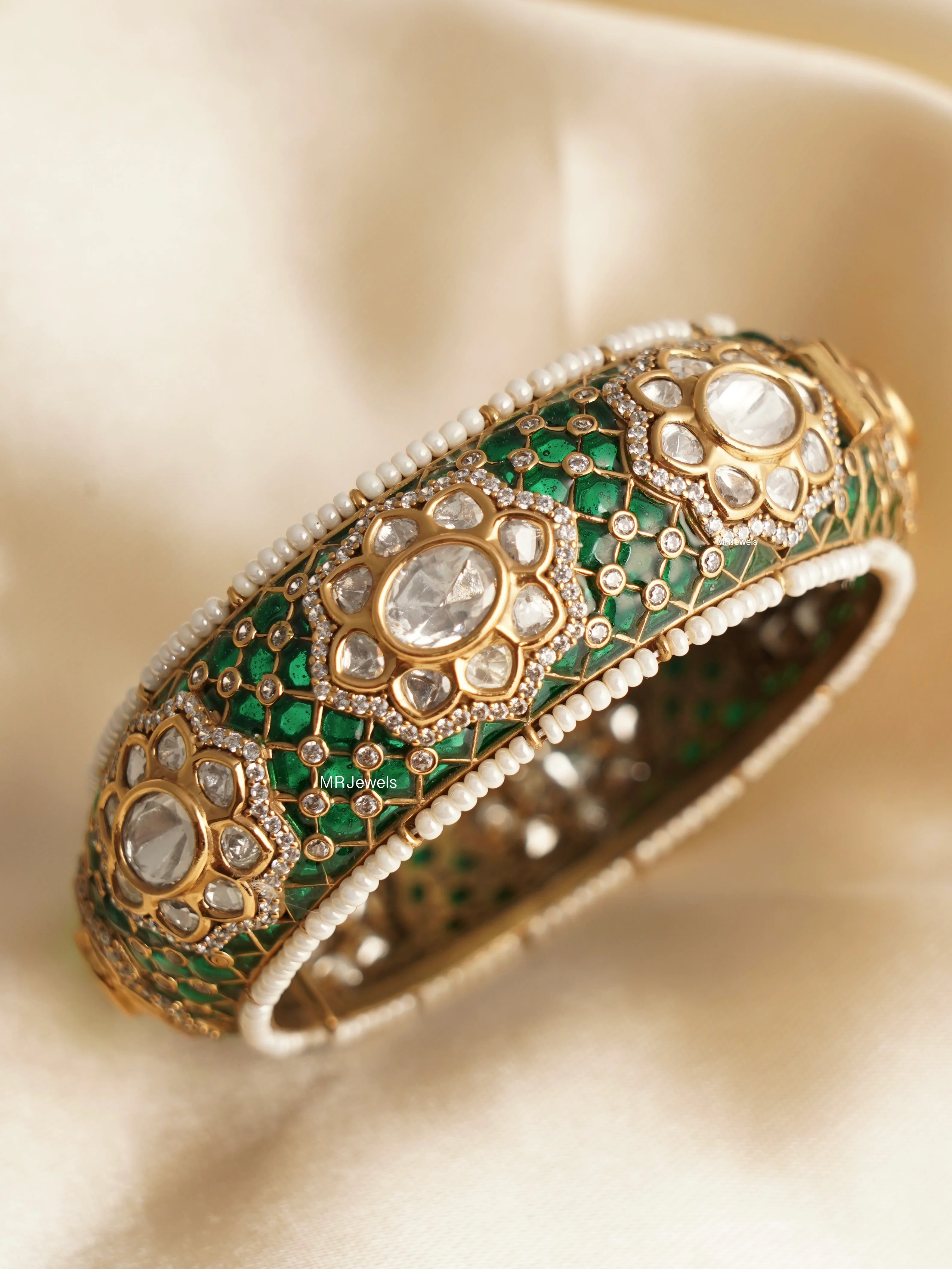 Gold Finished Kundan Polki Kada With Intricate Meenakari Work-Openable - Image 3