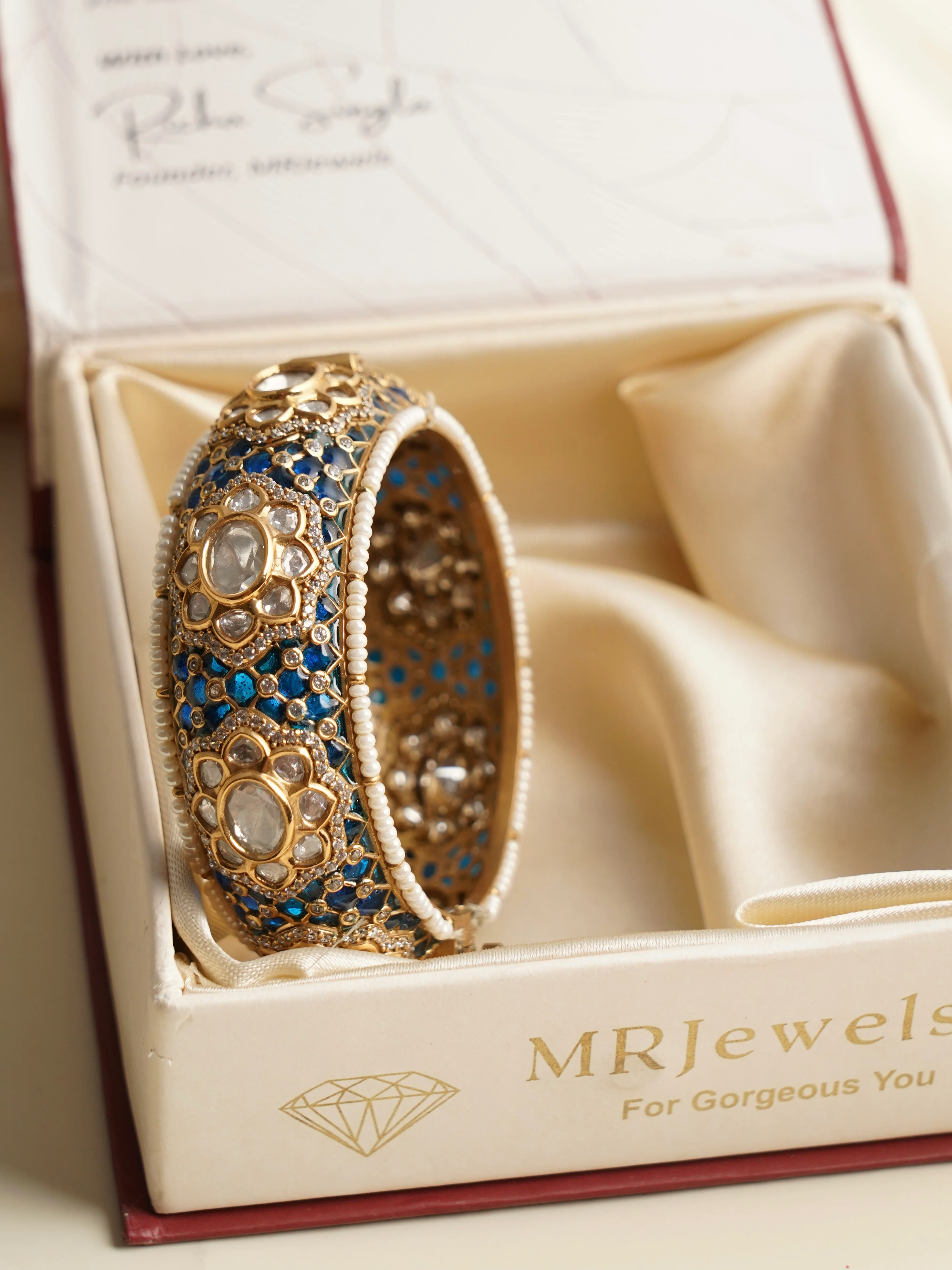 Gold Finished Kundan Polki Kada With Intricate Meenakari Work-Openable - Image 4