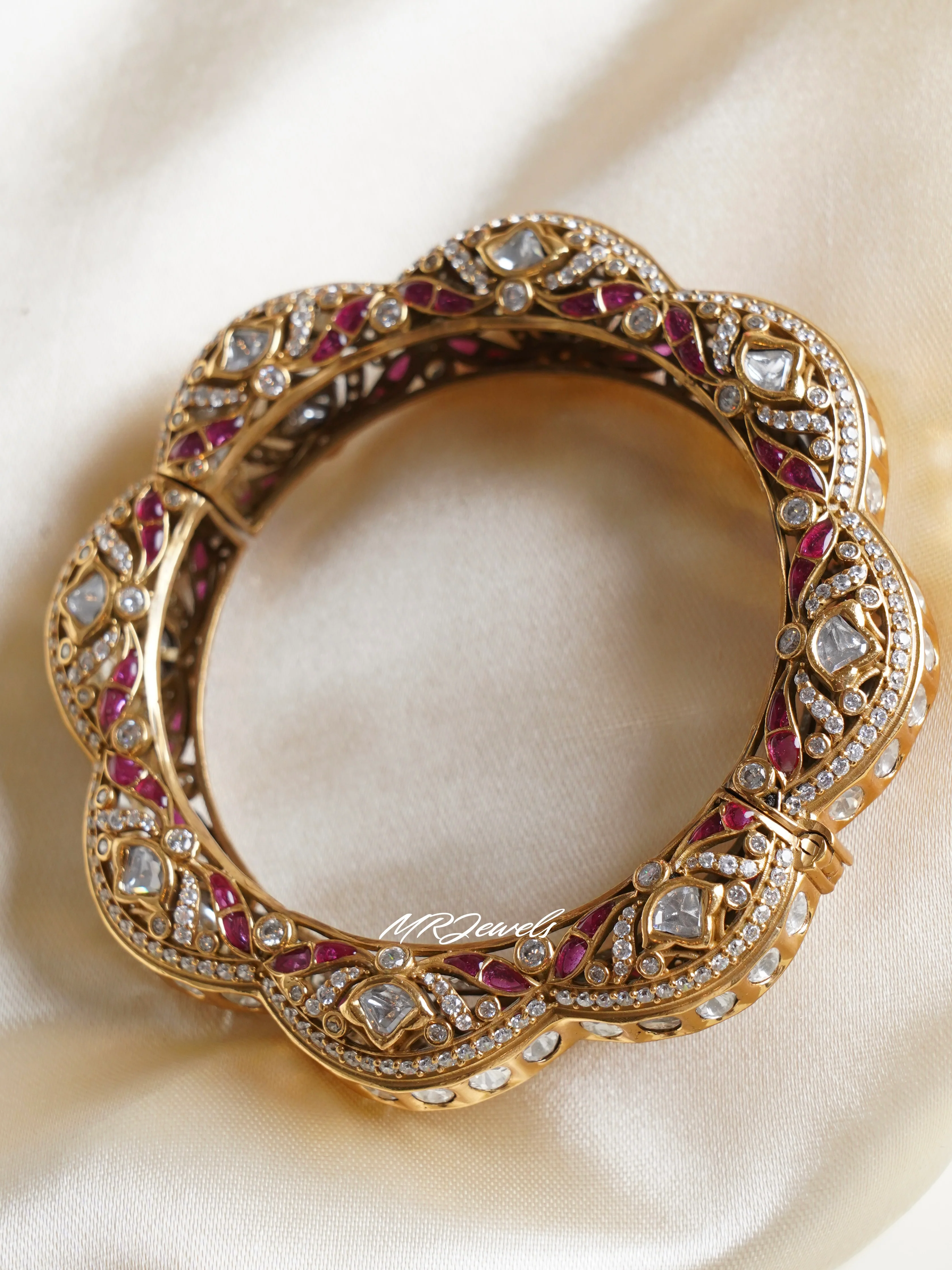 Gold Finished Polki kada With Designer Kundan Work- Openable
