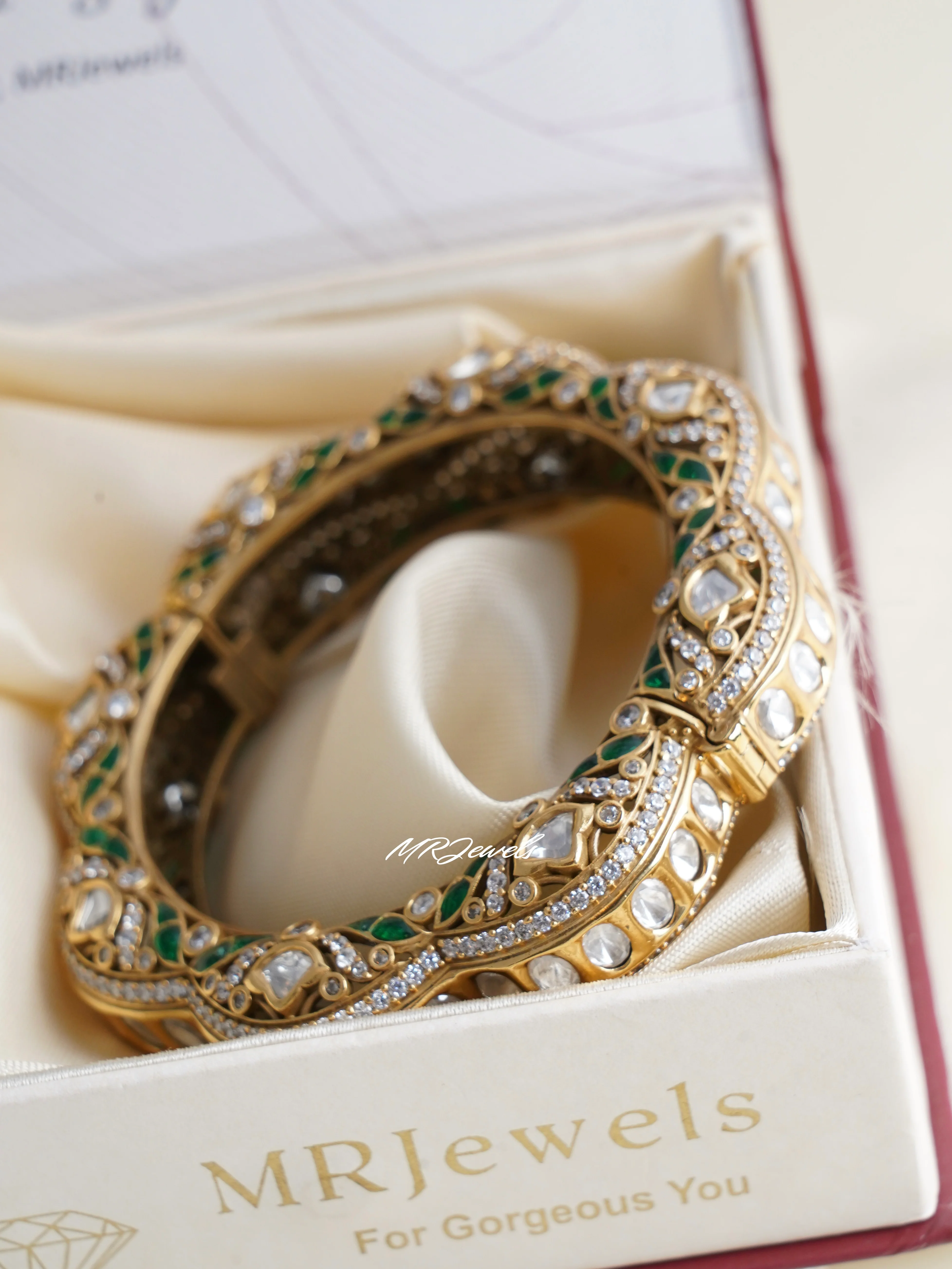 Gold Finished Polki kada With Designer Kundan Work- Openable - Image 5