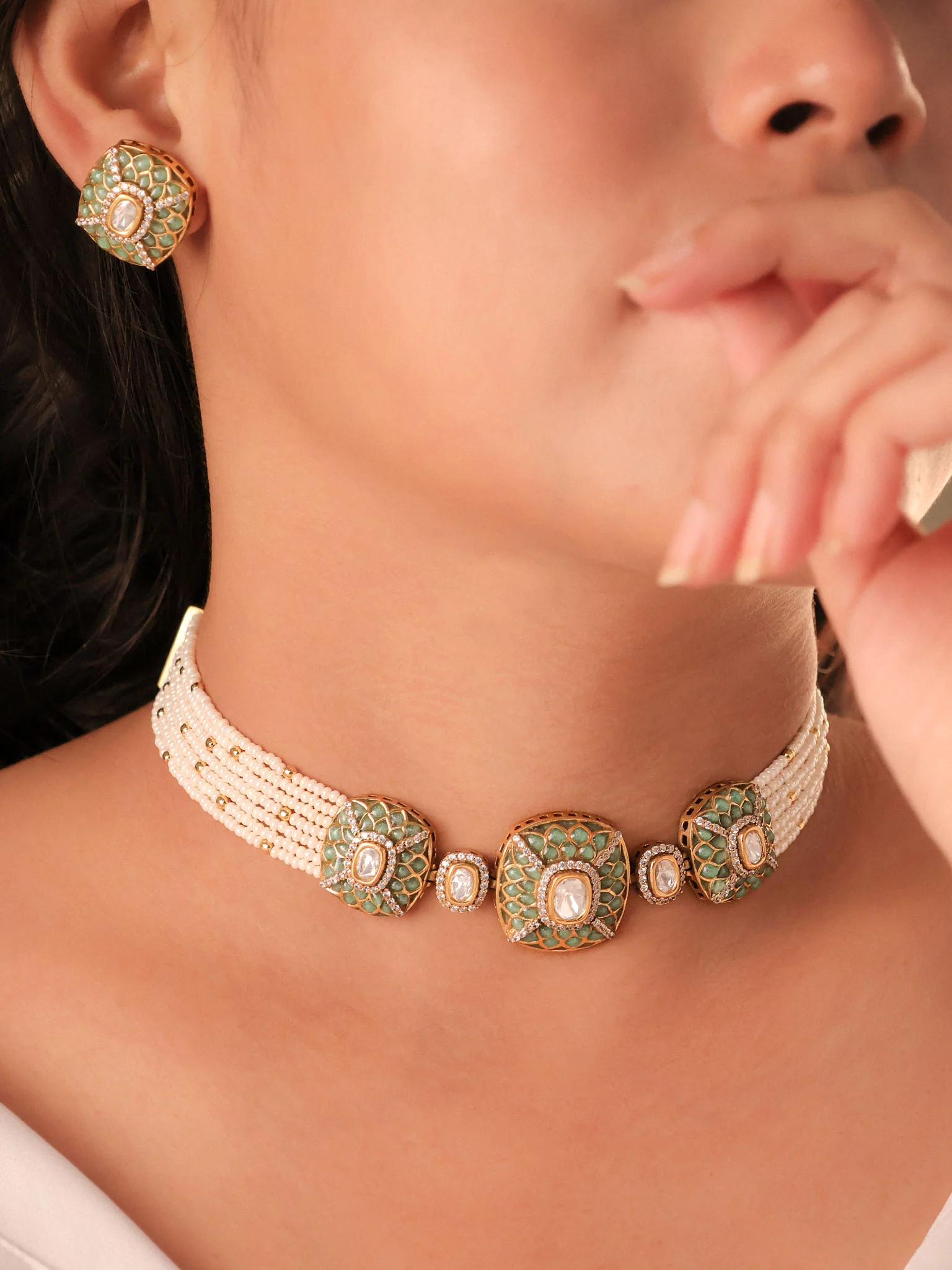 Gold-Plated Kundan Polki Choker Set Pearl & Enamel Detailing - Image 4