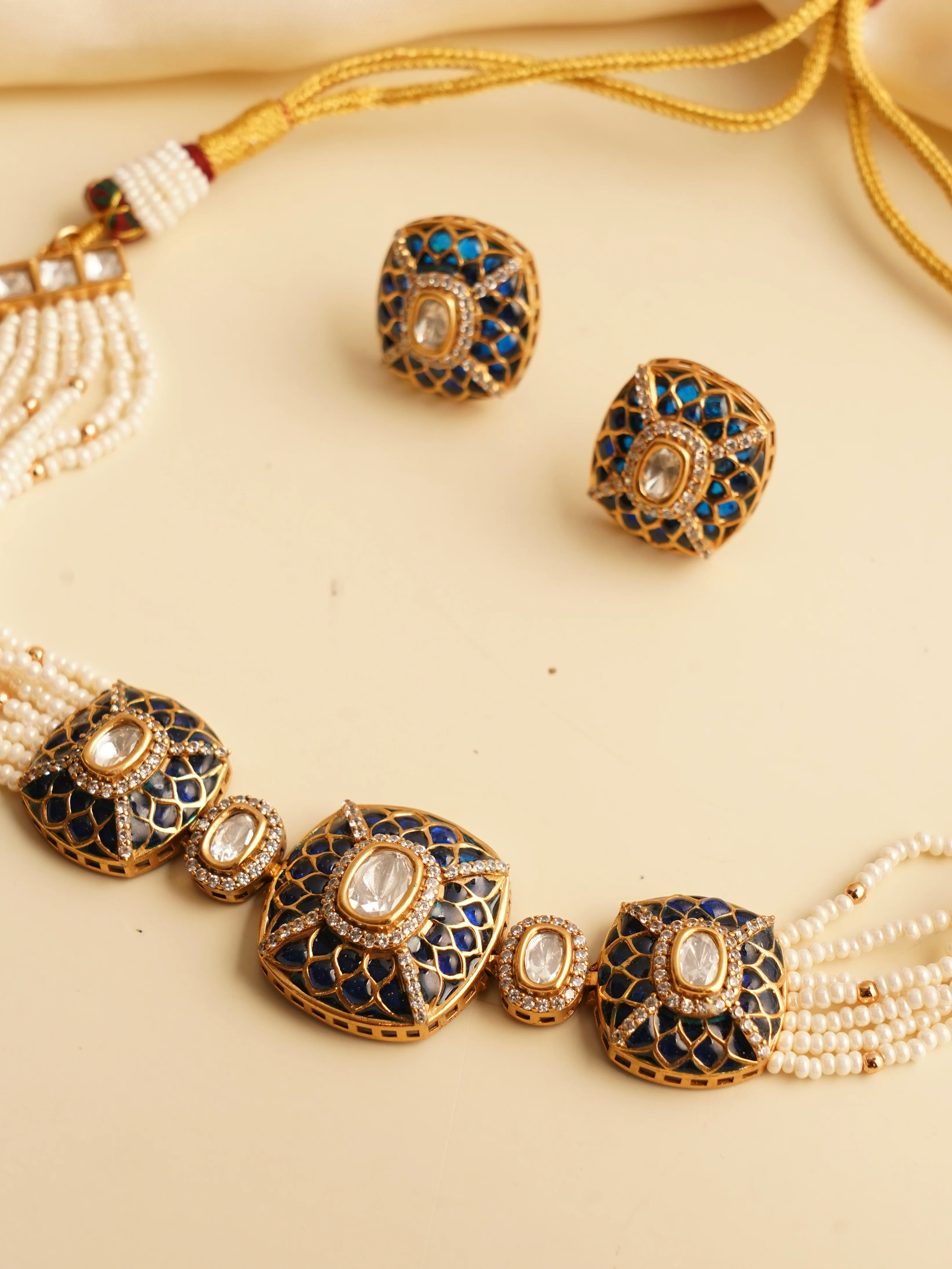 Gold-Plated Kundan Polki Choker Set Pearl & Enamel Detailing - Image 6