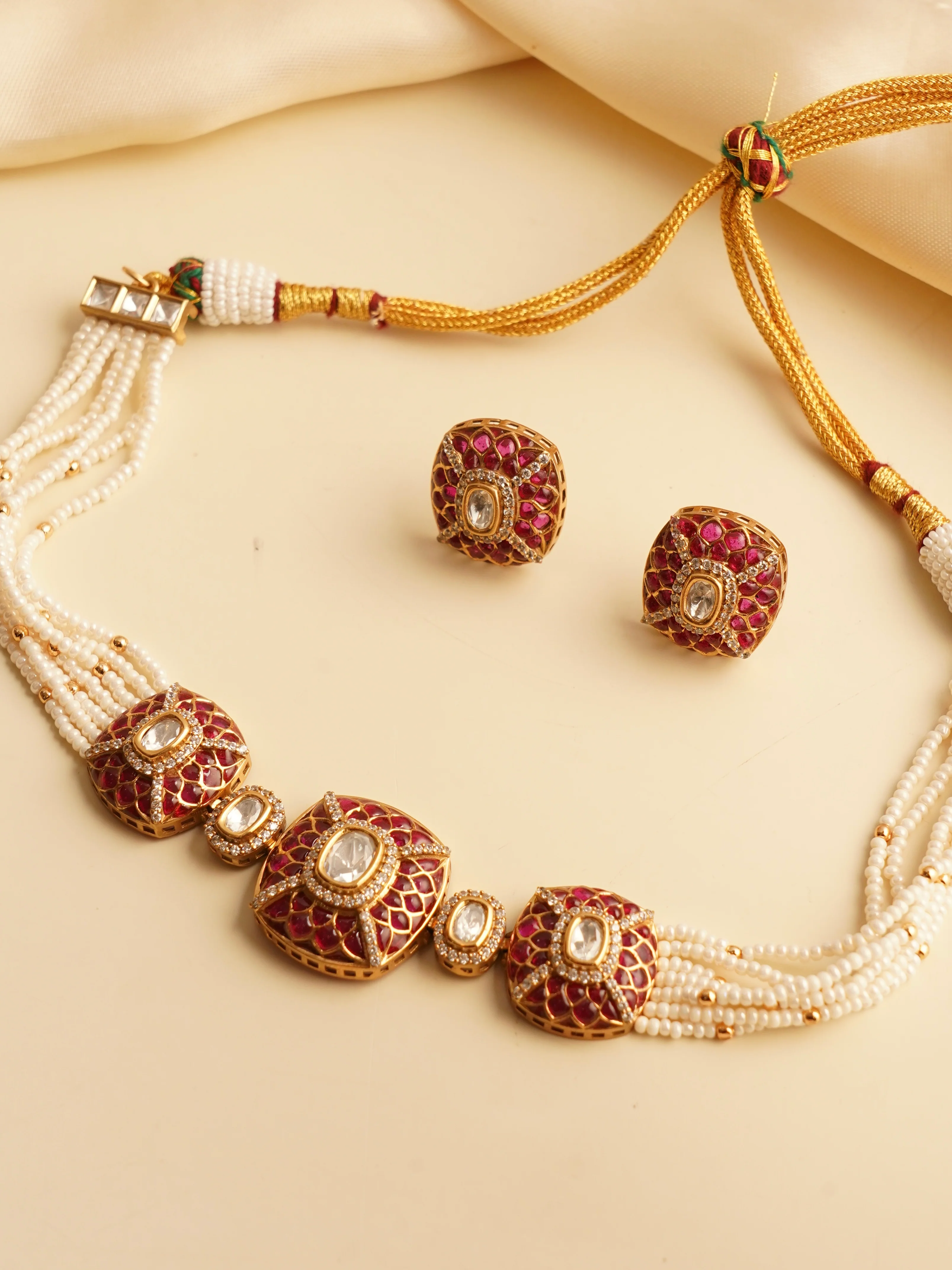 Gold-Plated Kundan Polki Choker Set Pearl & Enamel Detailing - Image 7