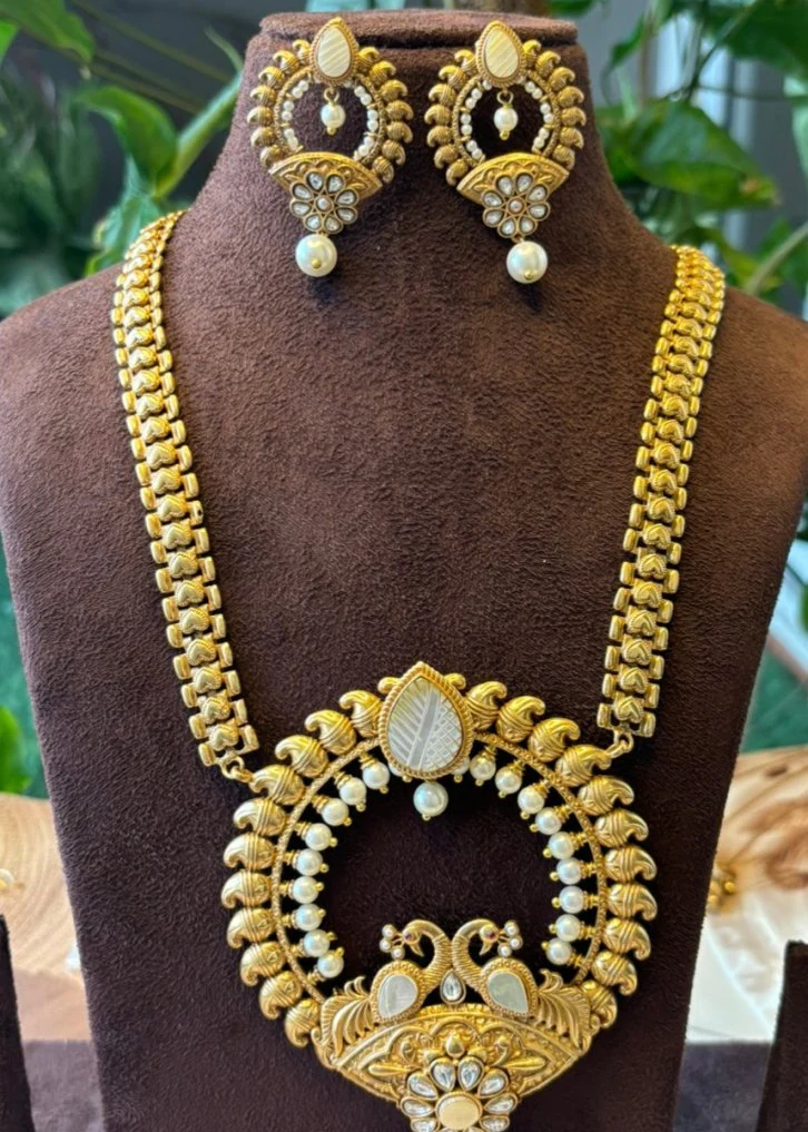 Grand Royal Peacock Micron Gold Plated Haram Necklace Set - Image 3