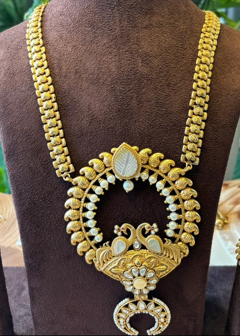 Grand Royal Peacock Micron Gold Plated Haram Necklace Set - Image 4