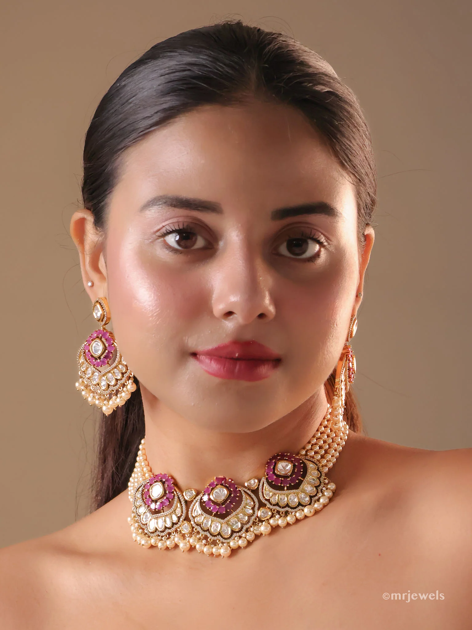 Gulabi Meenakari Polki Pearl Choker Set (with Earrings)