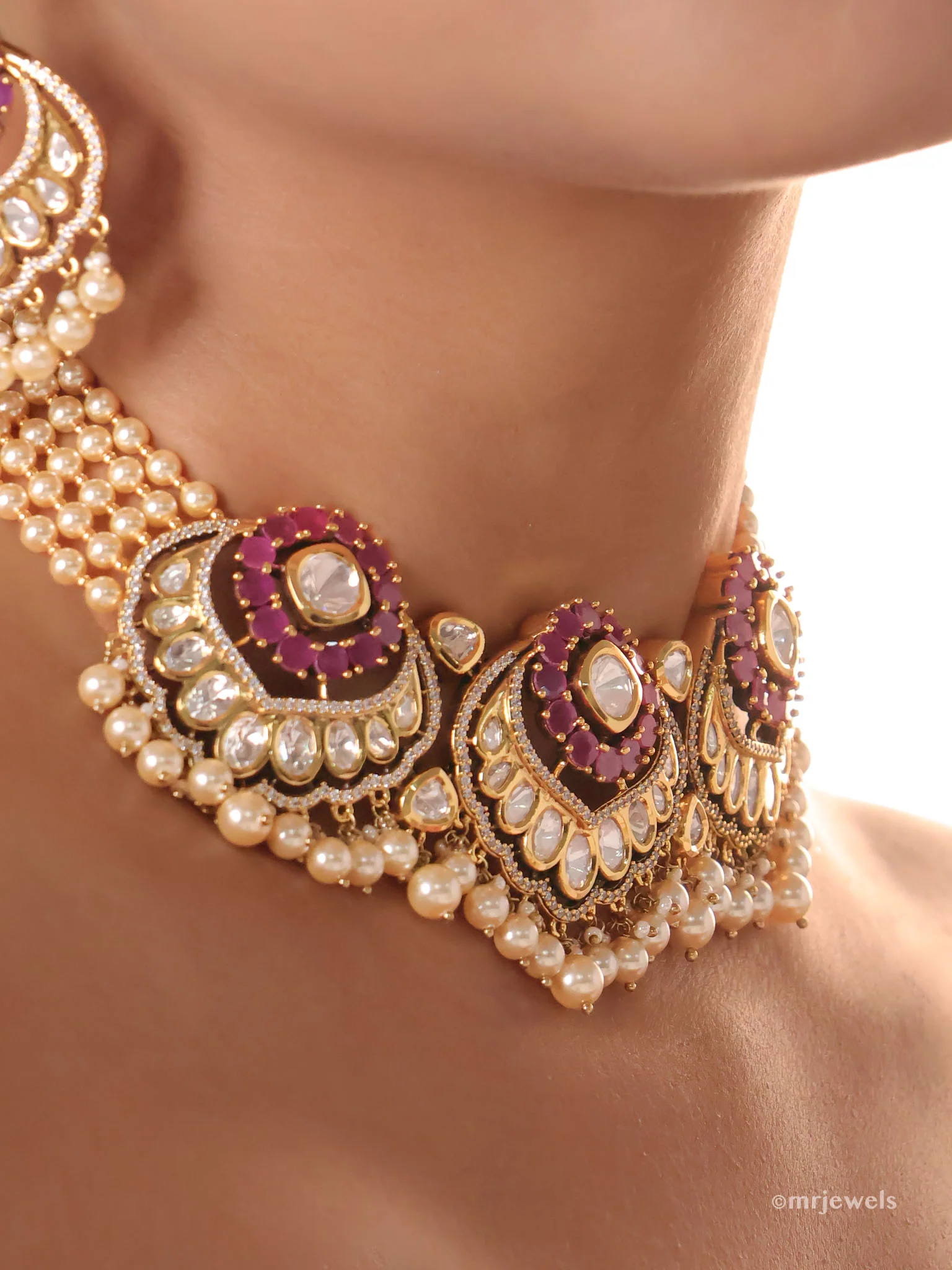 Gulabi Meenakari Polki Pearl Choker Set (with Earrings) - Image 2