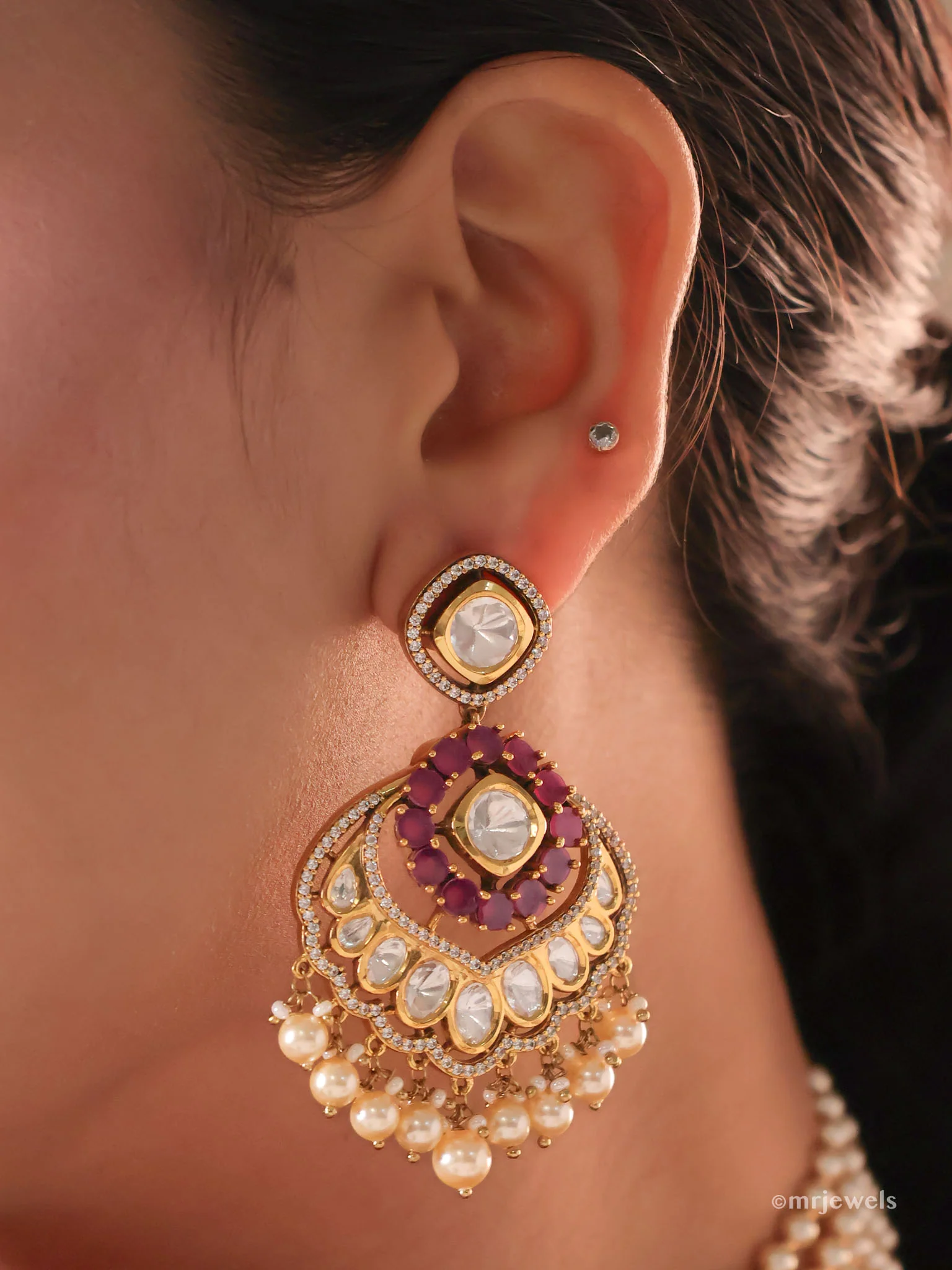Gulabi Meenakari Polki Pearl Choker Set (with Earrings) - Image 3