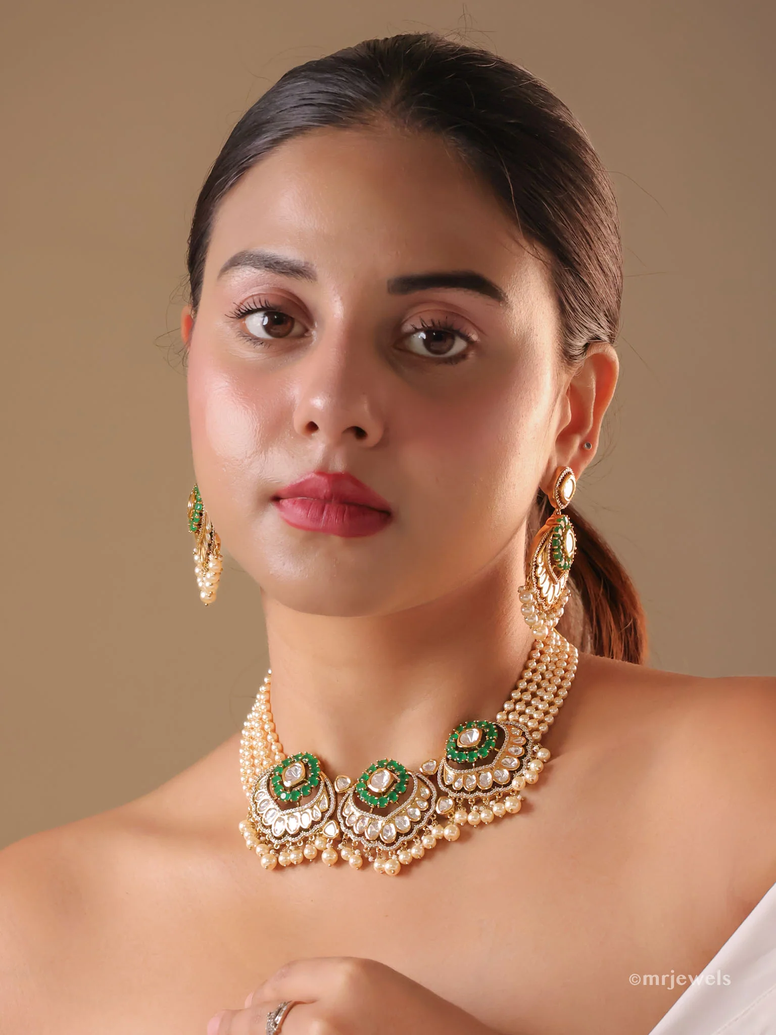 Gulabi Meenakari Polki Pearl Choker Set (with Earrings) - Image 4