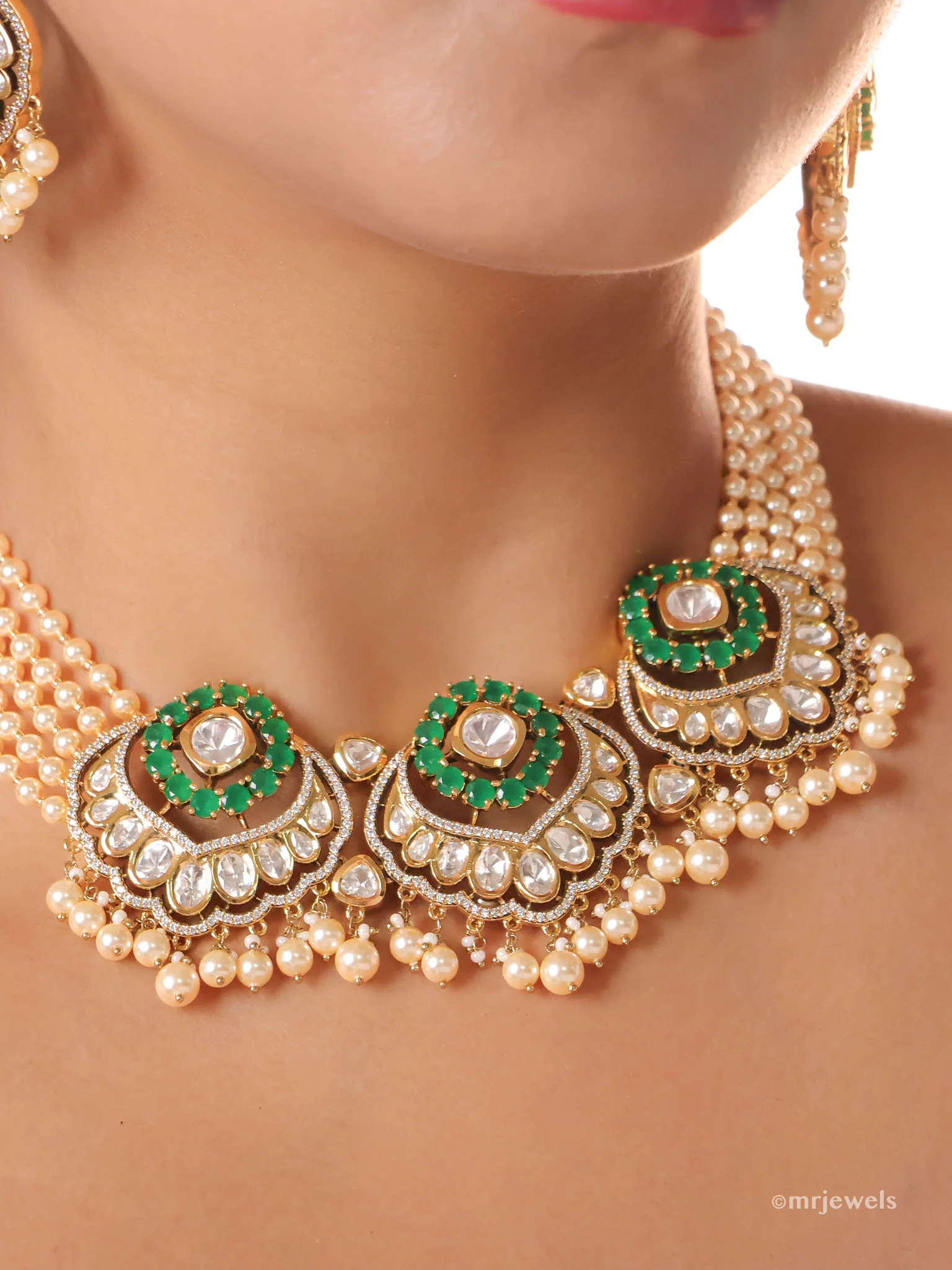 Gulabi Meenakari Polki Pearl Choker Set (with Earrings) - Image 6