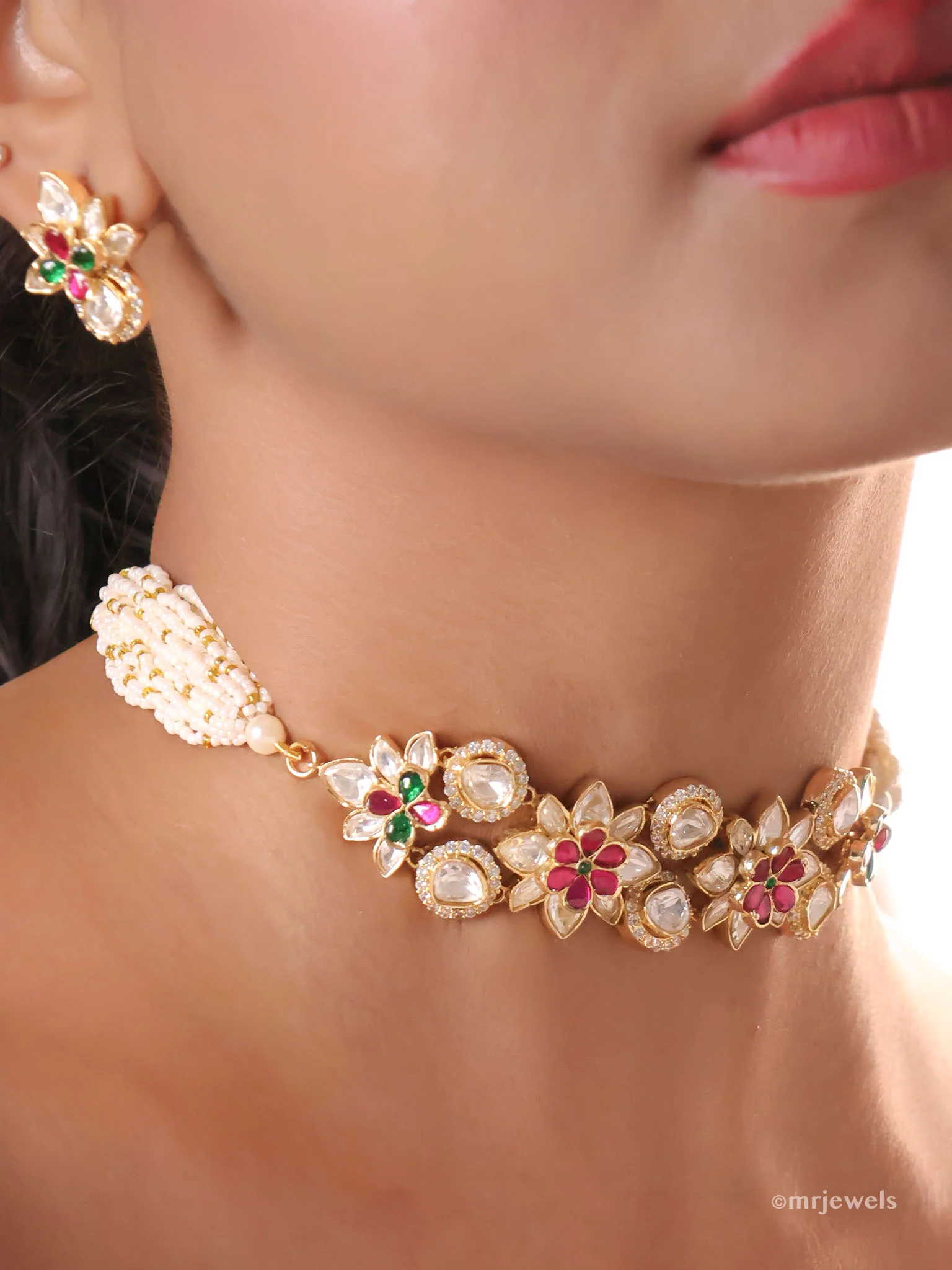 Gulbagh Floral Kundan Choker Set (with Studs) - Image 2