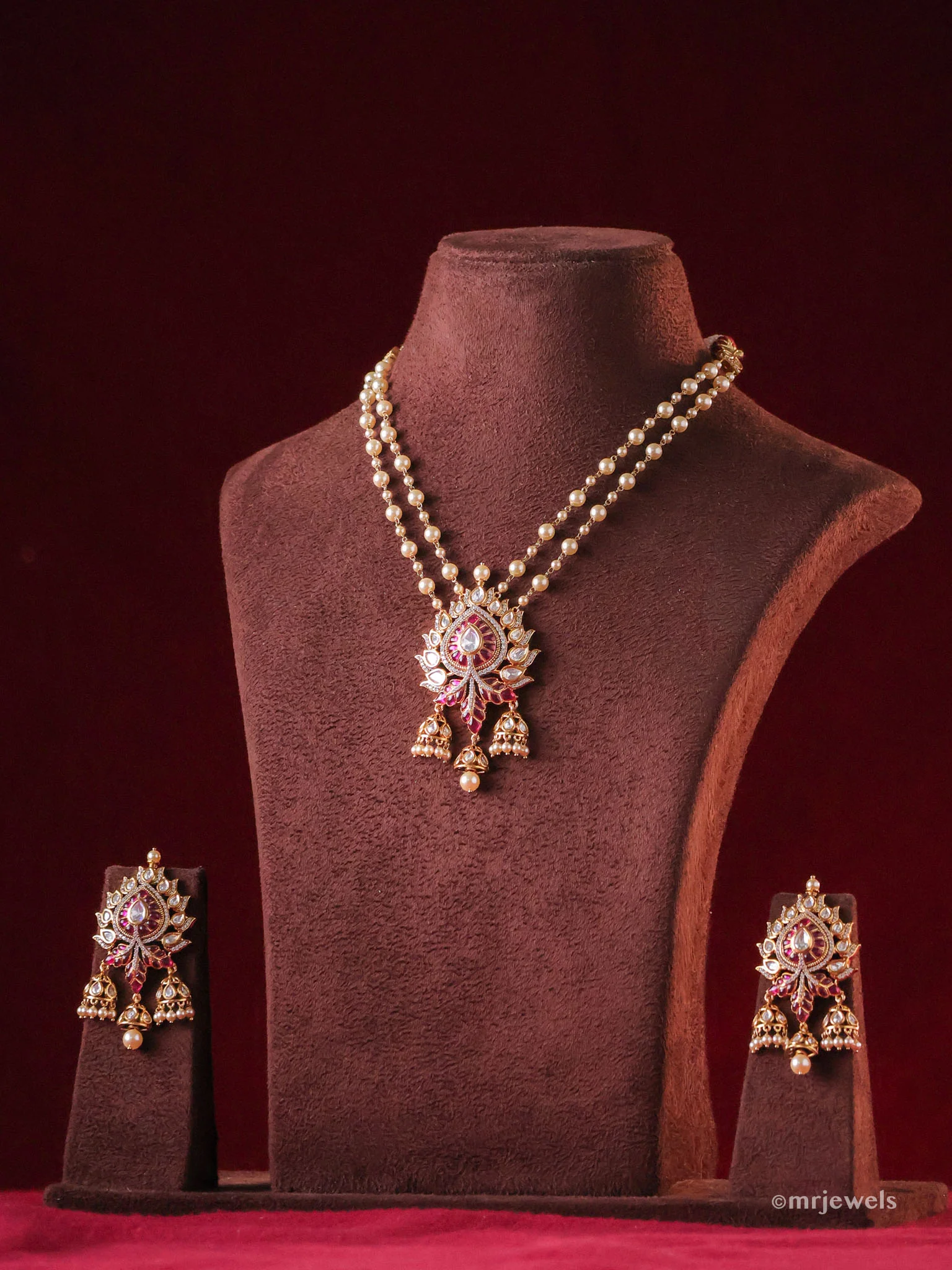 Gulbahar Meenakari Kundan Pendant with Double-Strand Pearls & Matching Jhumkas