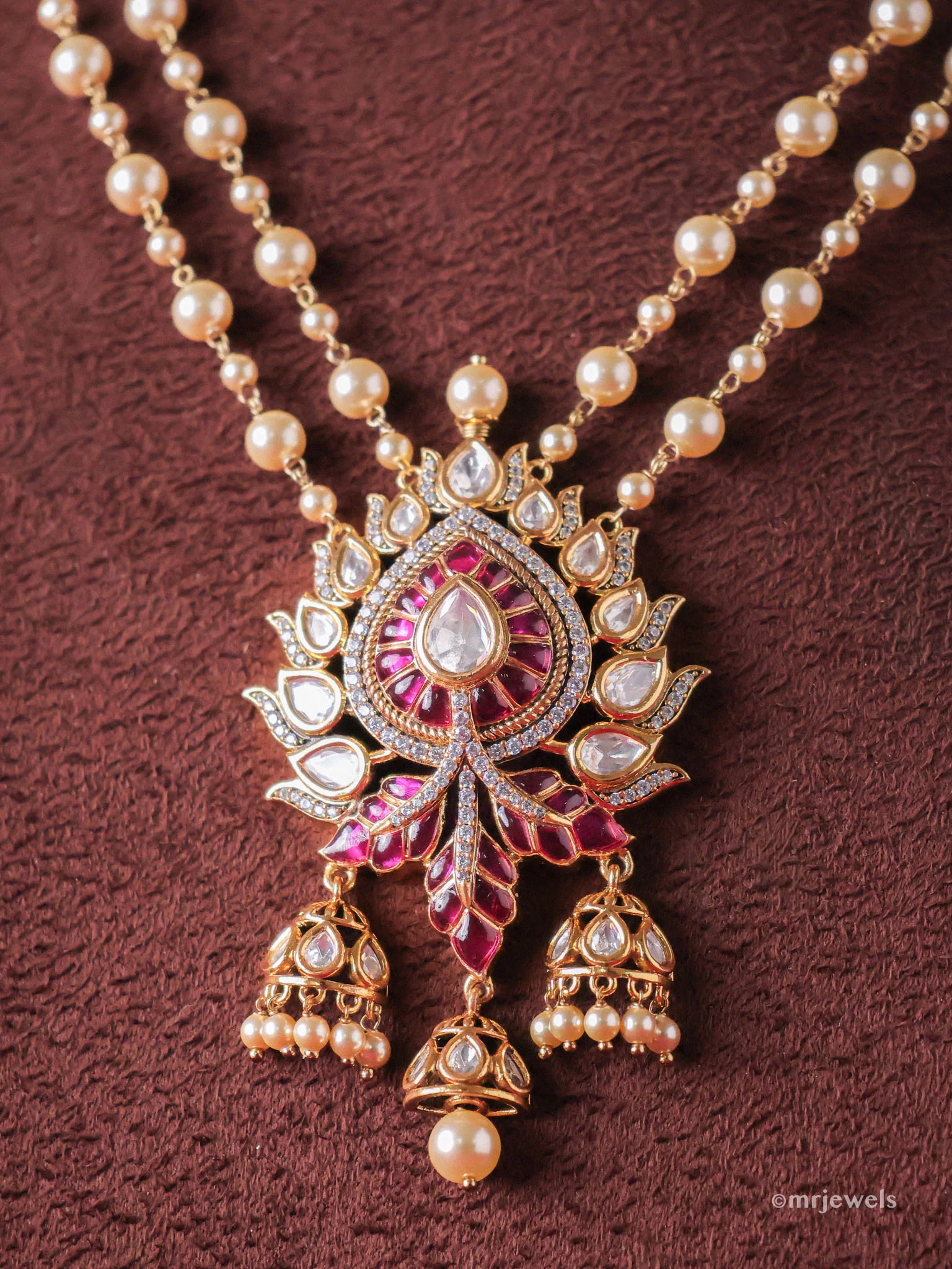 Gulbahar Meenakari Kundan Pendant with Double-Strand Pearls & Matching Jhumkas - Image 2