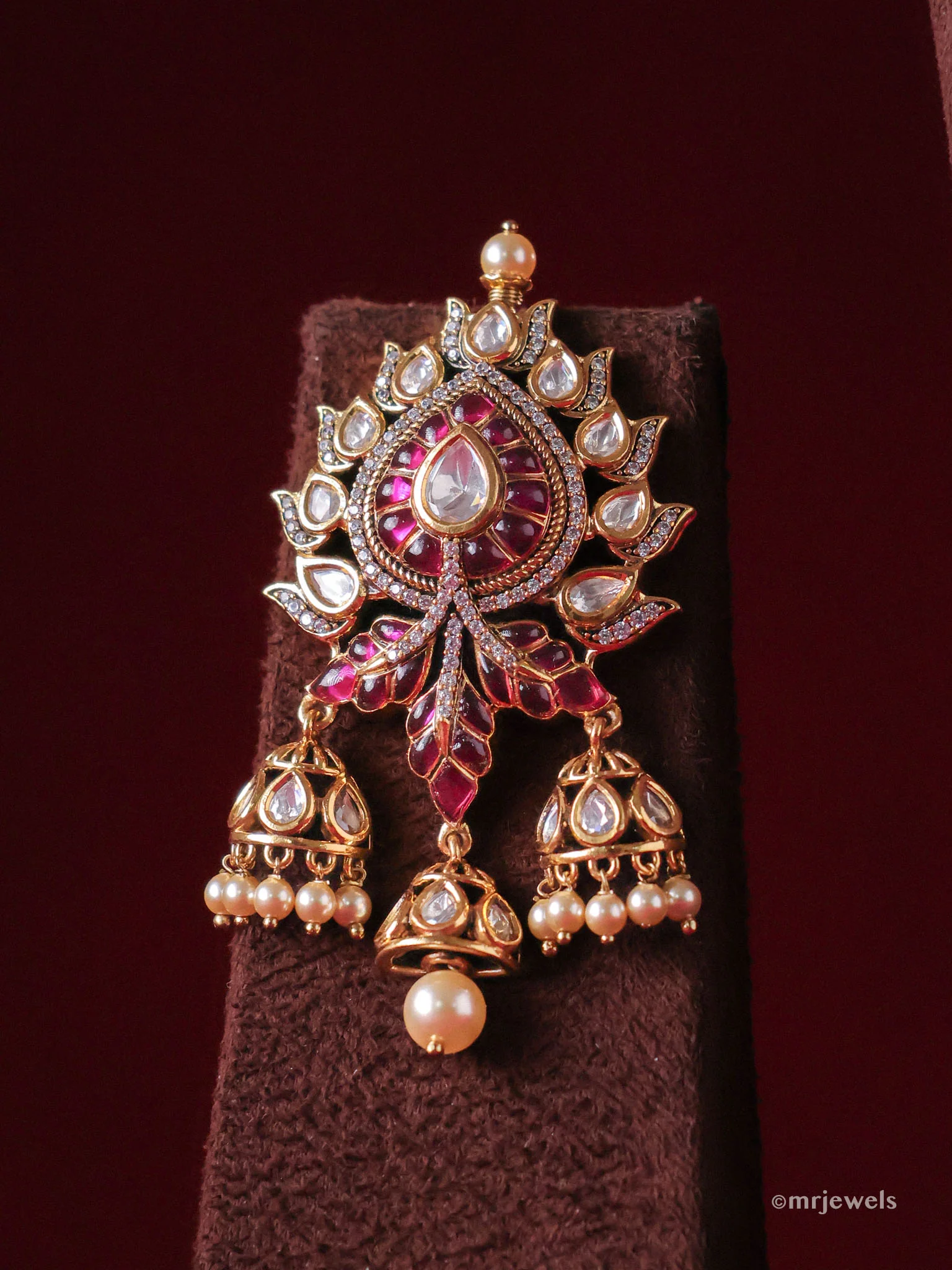 Gulbahar Meenakari Kundan Pendant with Double-Strand Pearls & Matching Jhumkas - Image 3