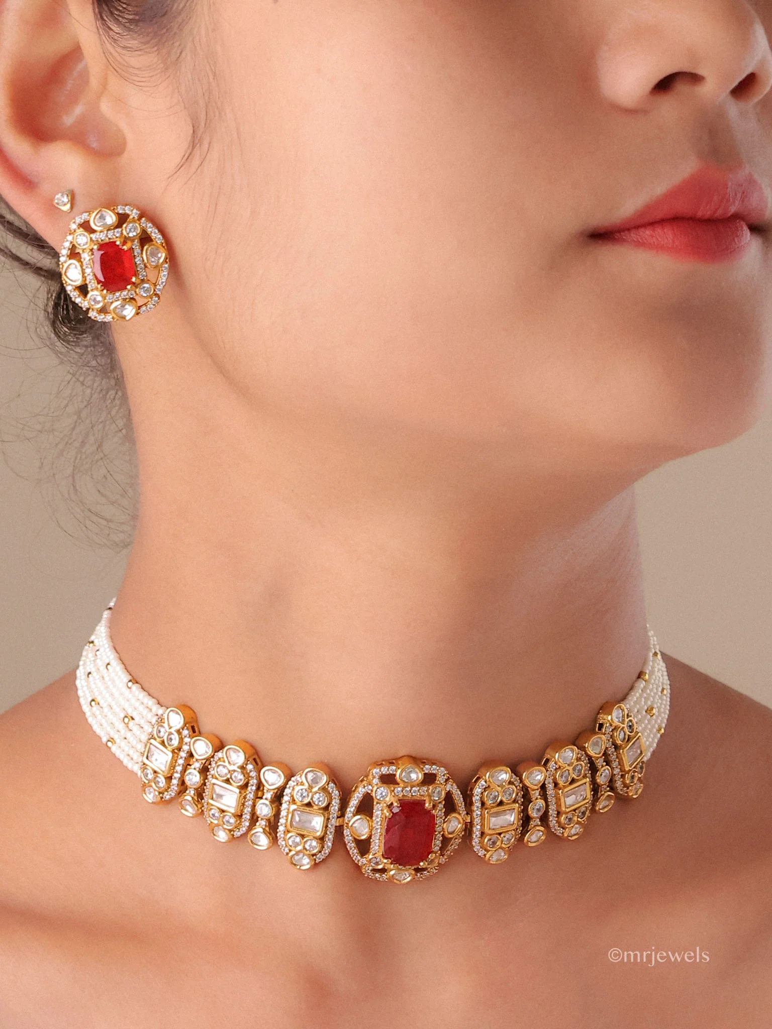 Heritage Pearl Polki Choker Set - Image 4