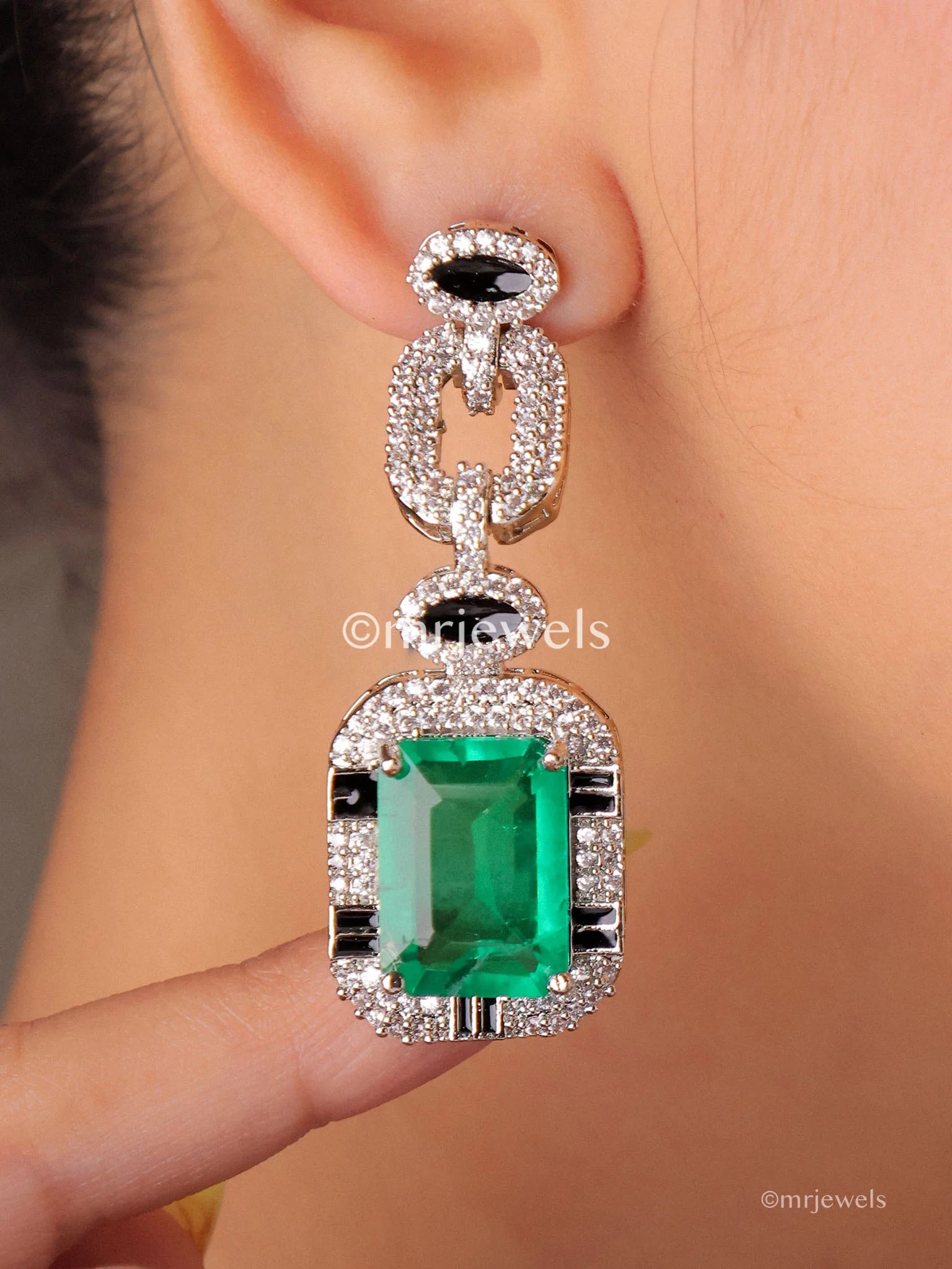 Iced CZ Chain Green Doublet Pendant with matching earrings - Image 3