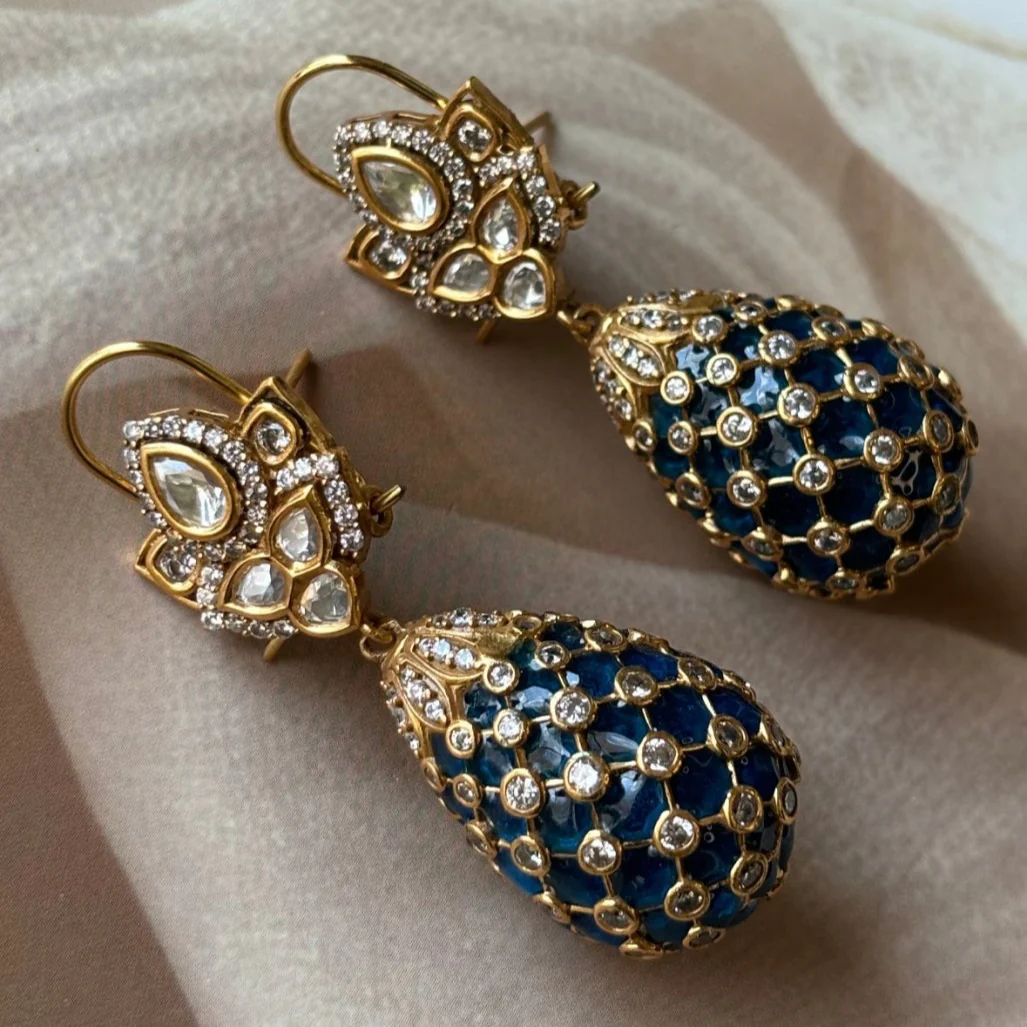 Gold Finish Indian Polki Droplet Earrings - Image 10