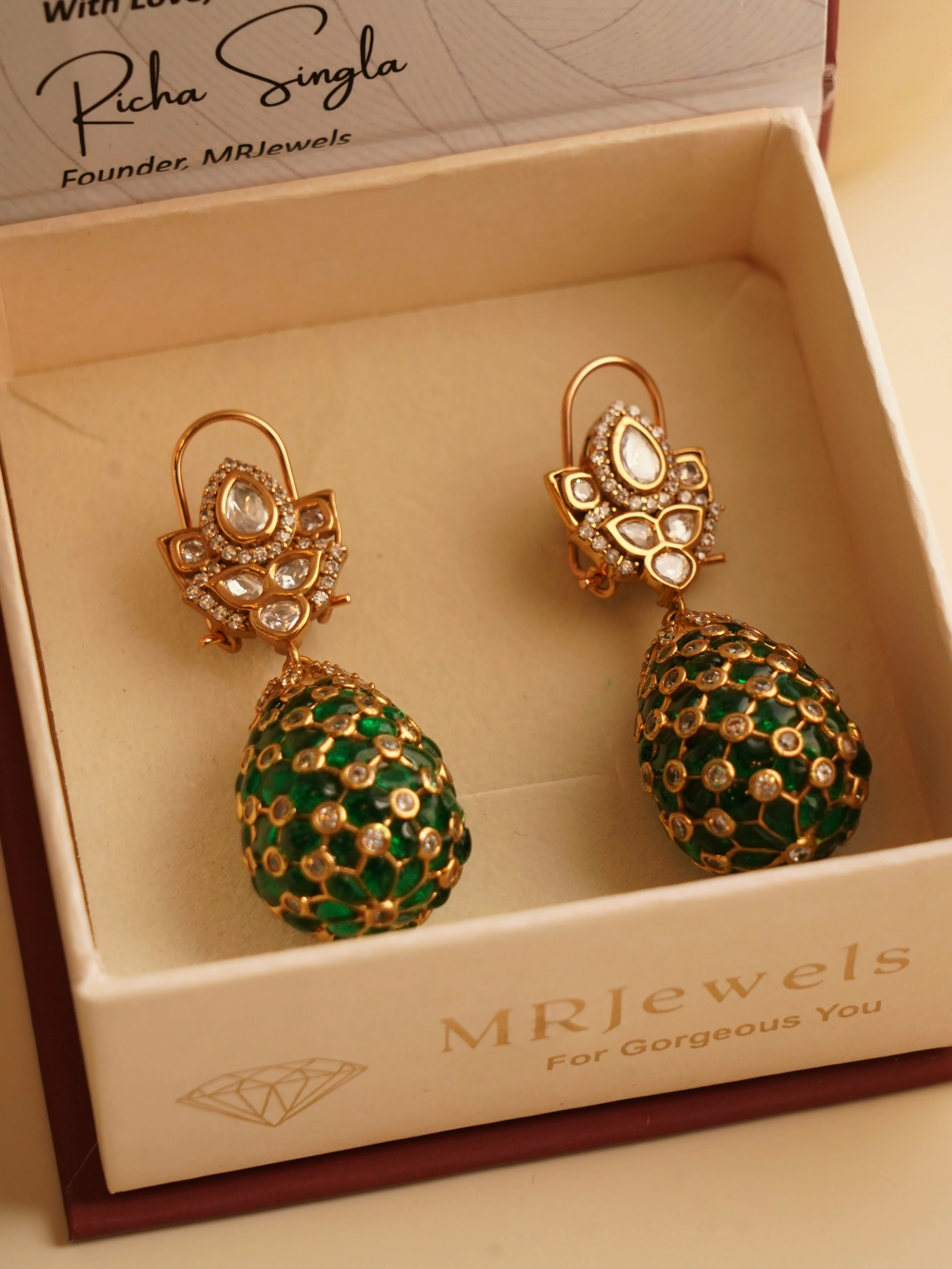 Gold Finish Indian Polki Droplet Earrings - Image 11