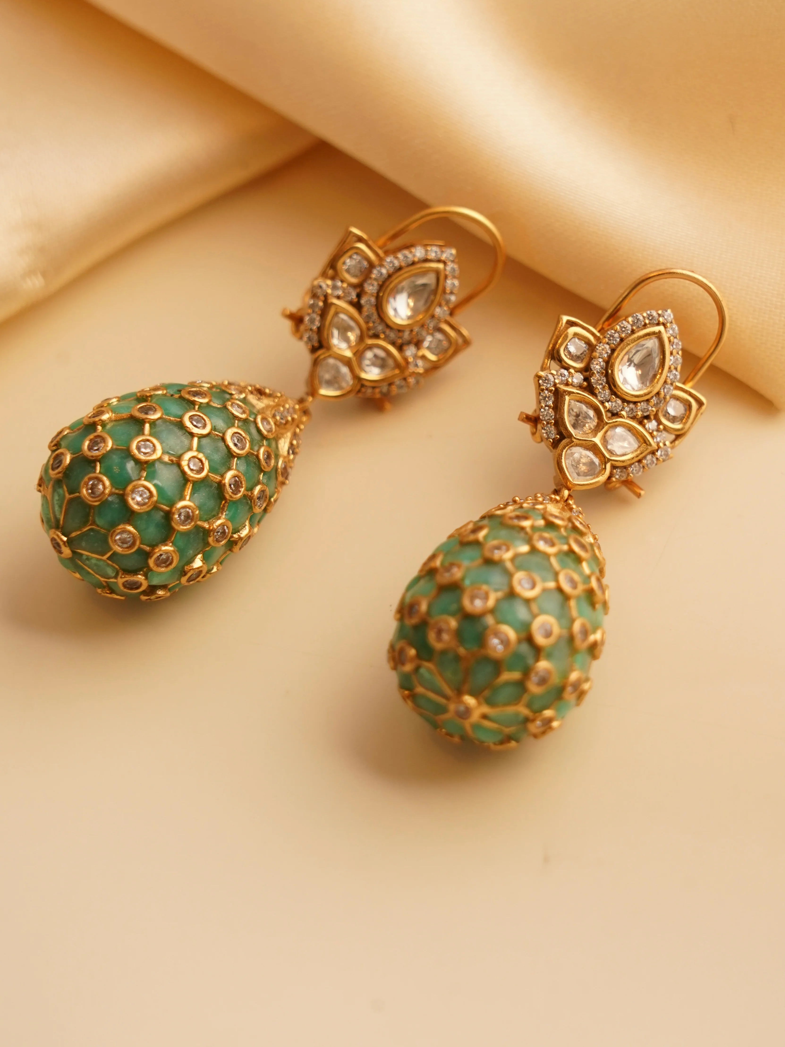 Gold Finish Indian Polki Droplet Earrings - Image 3