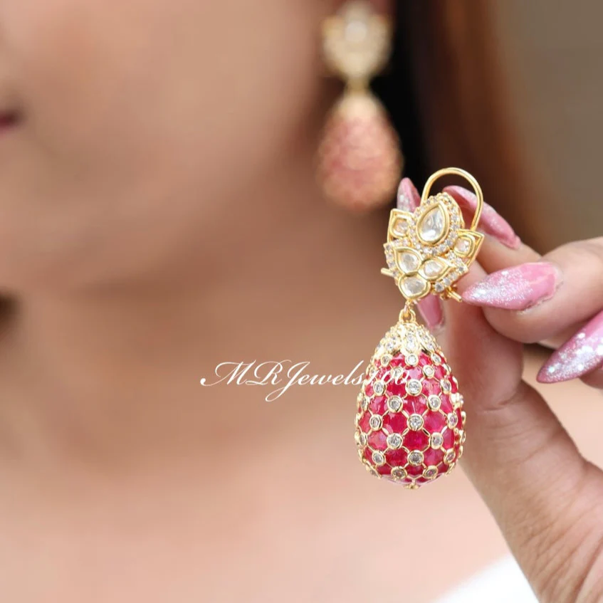 Gold Finish Indian Polki Droplet Earrings - Image 5