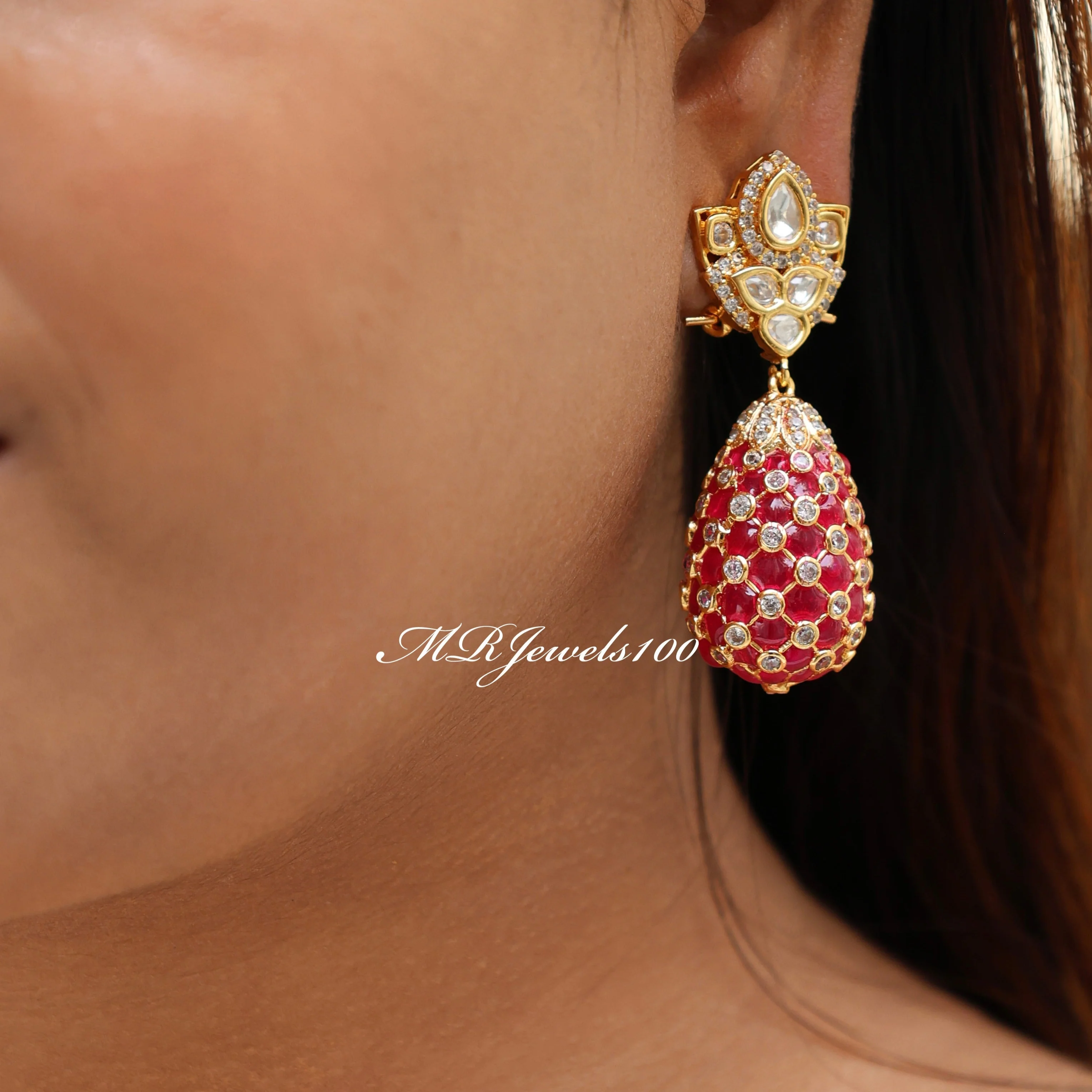 Gold Finish Indian Polki Droplet Earrings - Image 6