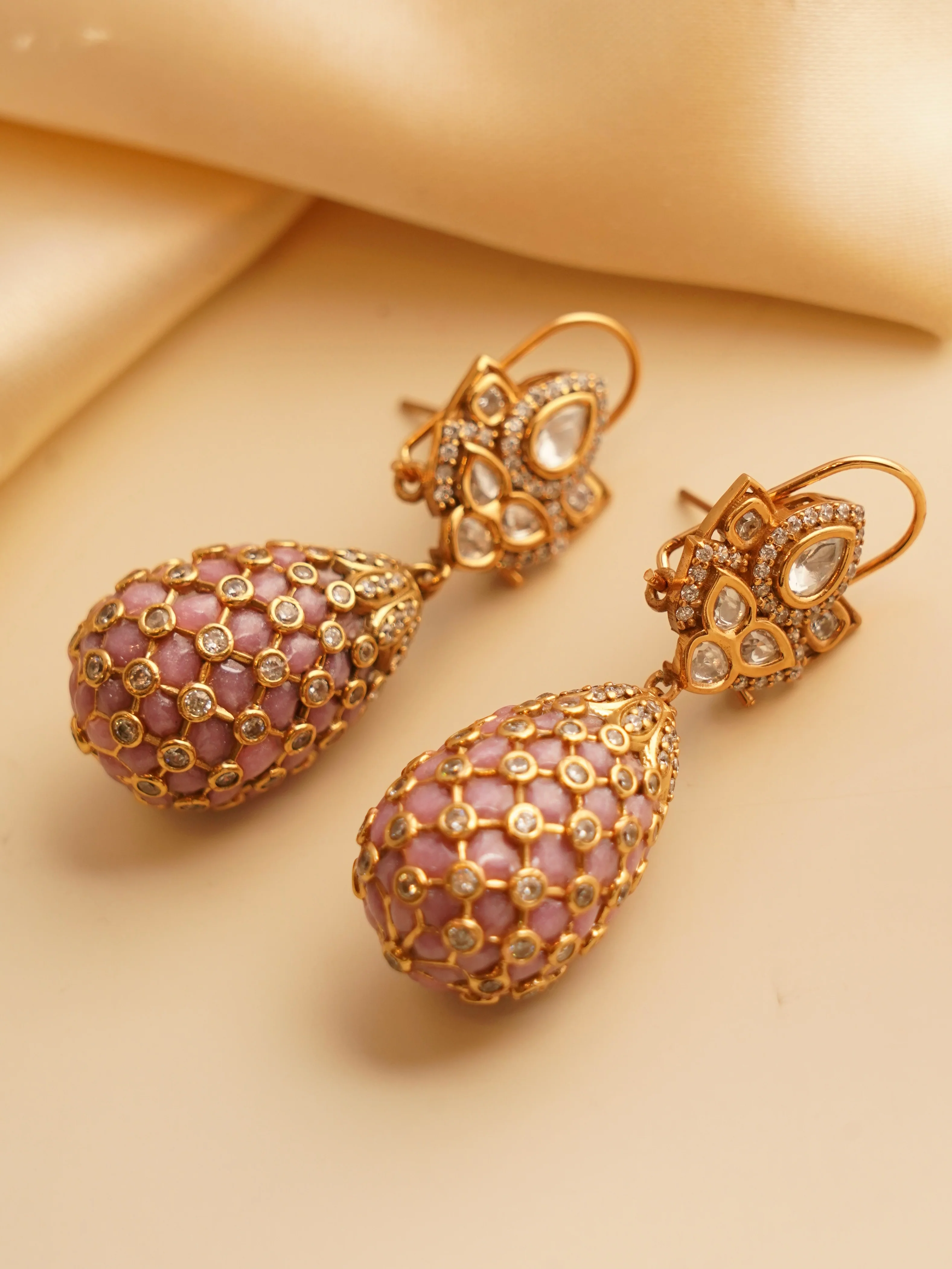 Gold Finish Indian Polki Droplet Earrings - Image 7