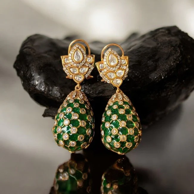Gold Finish Indian Polki Droplet Earrings - Image 9