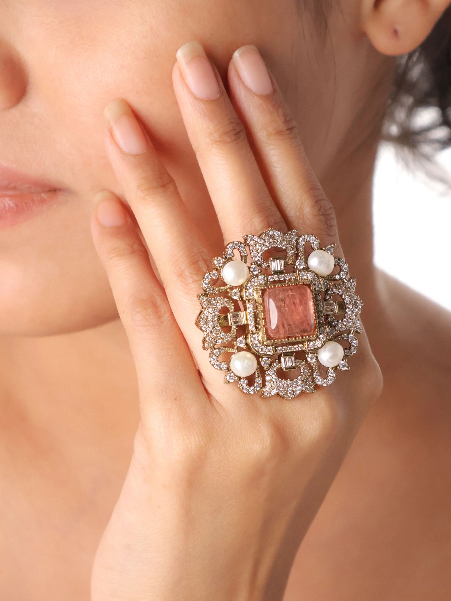 Jaipur Royale Square Polki Pearl Cocktail Ring