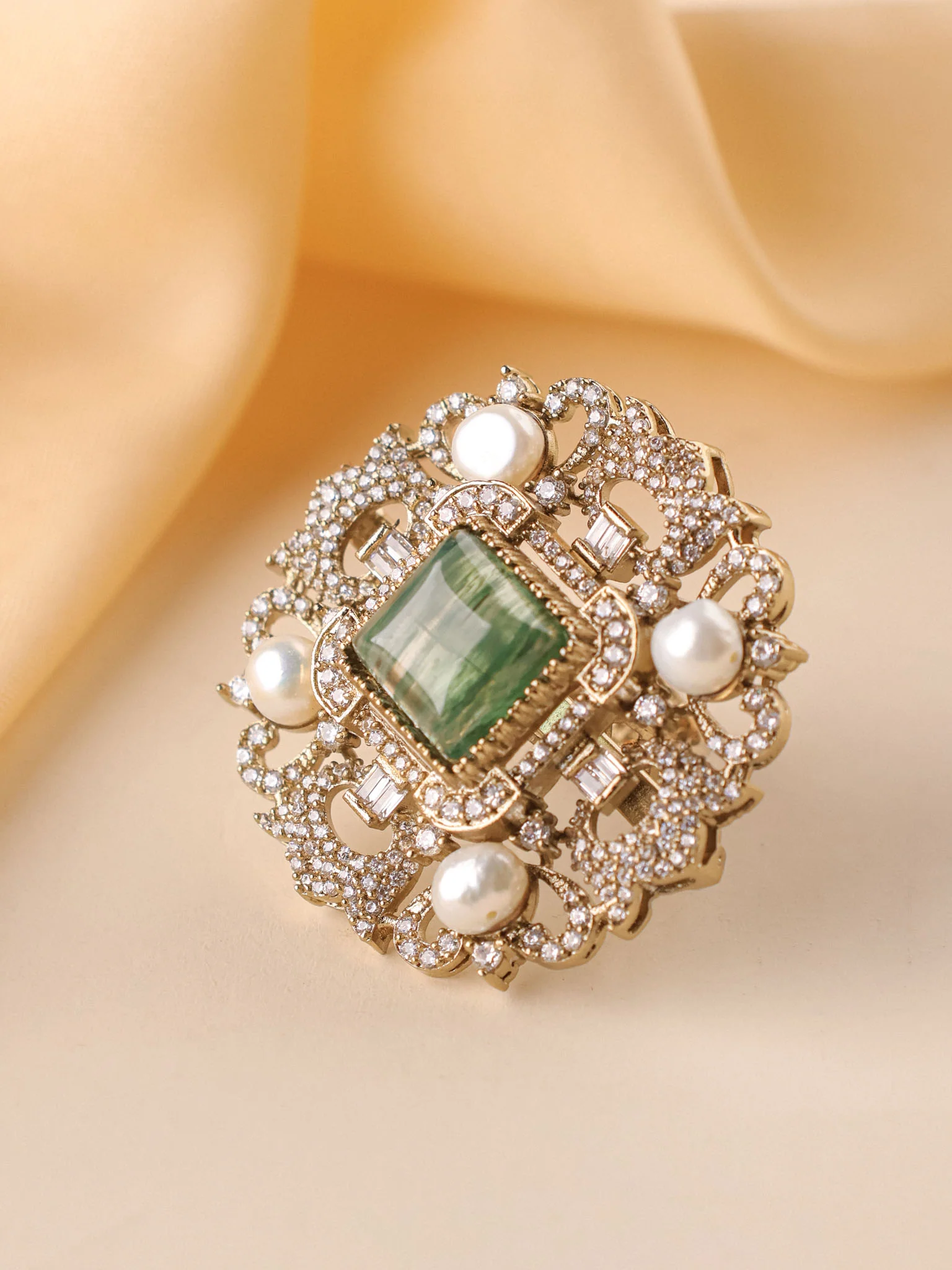 Jaipur Royale Square Polki Pearl Cocktail Ring - Image 3