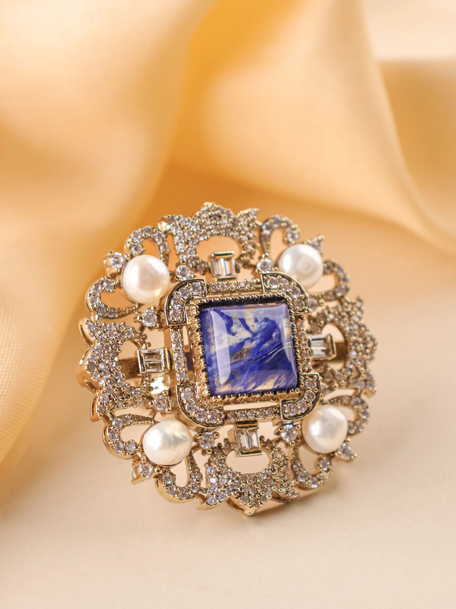 Jaipur Royale Square Polki Pearl Cocktail Ring - Image 5