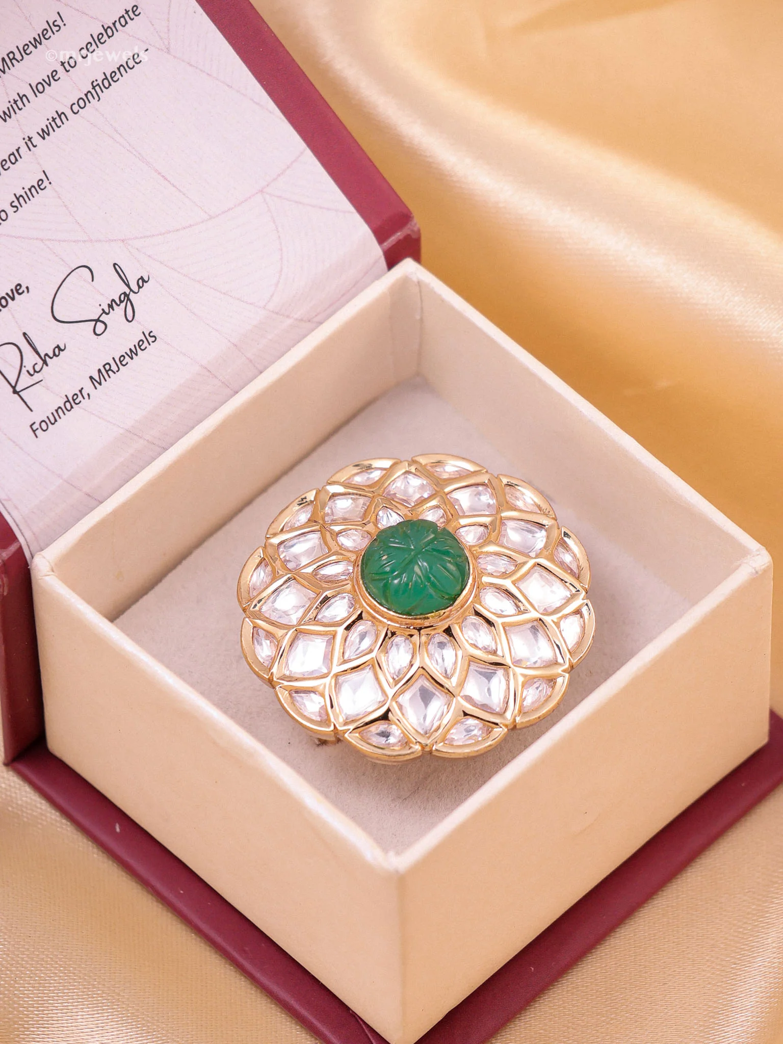 Jharokha Carved Gem Polki Ring (Adjustable)